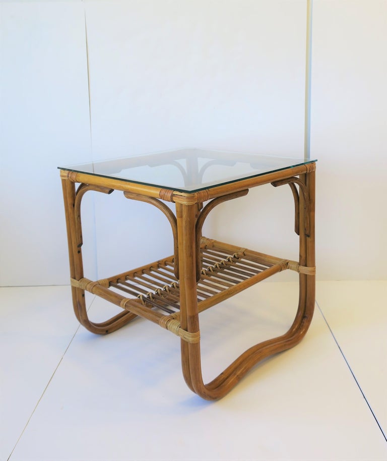 Wicker Rattan and Glass Square End Table For Sale at 1stDibs