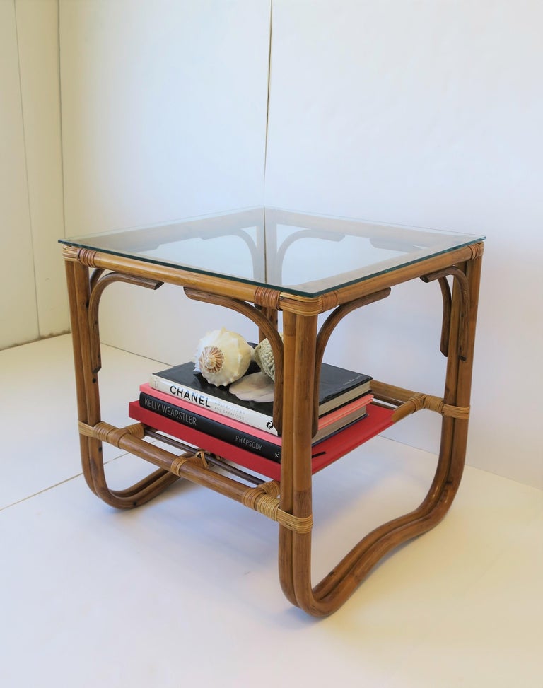 Wicker Rattan and Glass Square End Table For Sale at 1stDibs