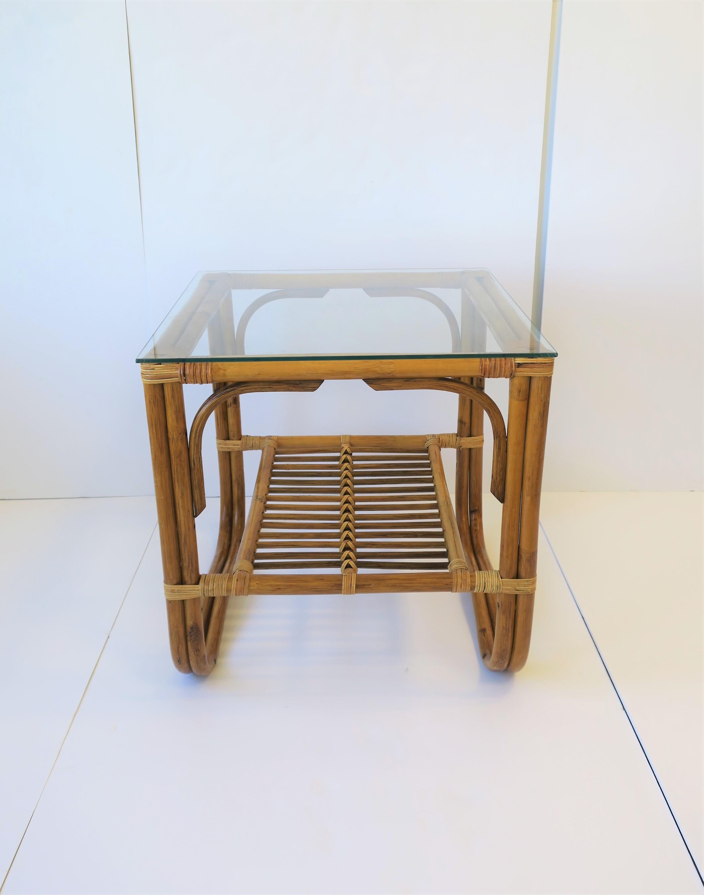 20th Century Wicker Rattan and Glass Square End Table