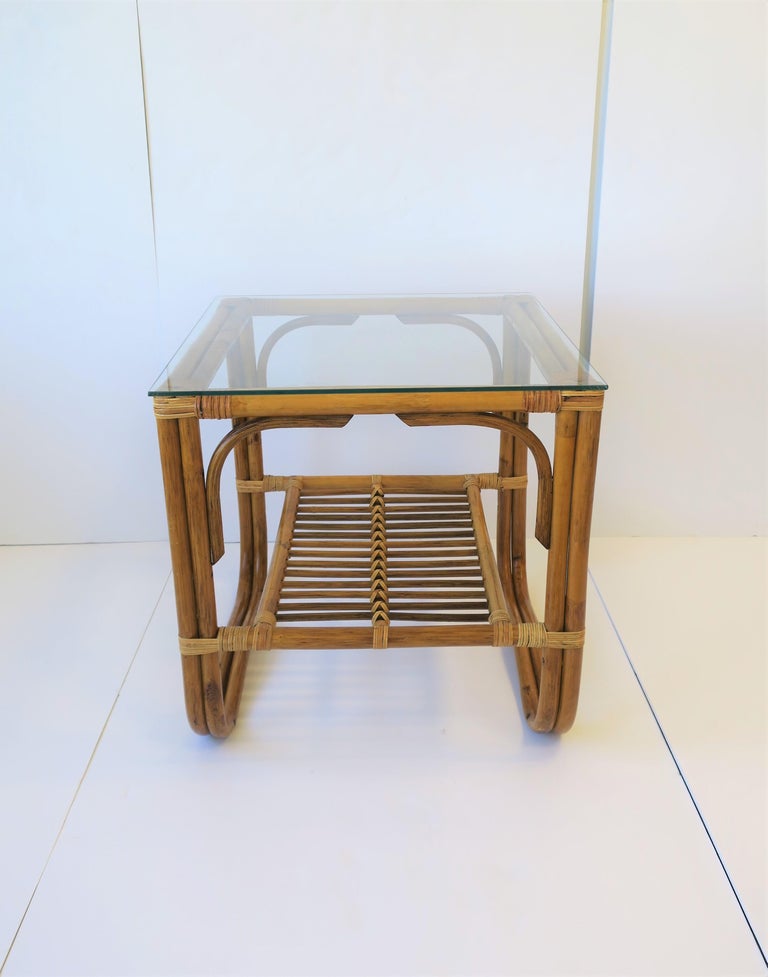 Wicker Rattan and Glass Square End Table For Sale at 1stDibs