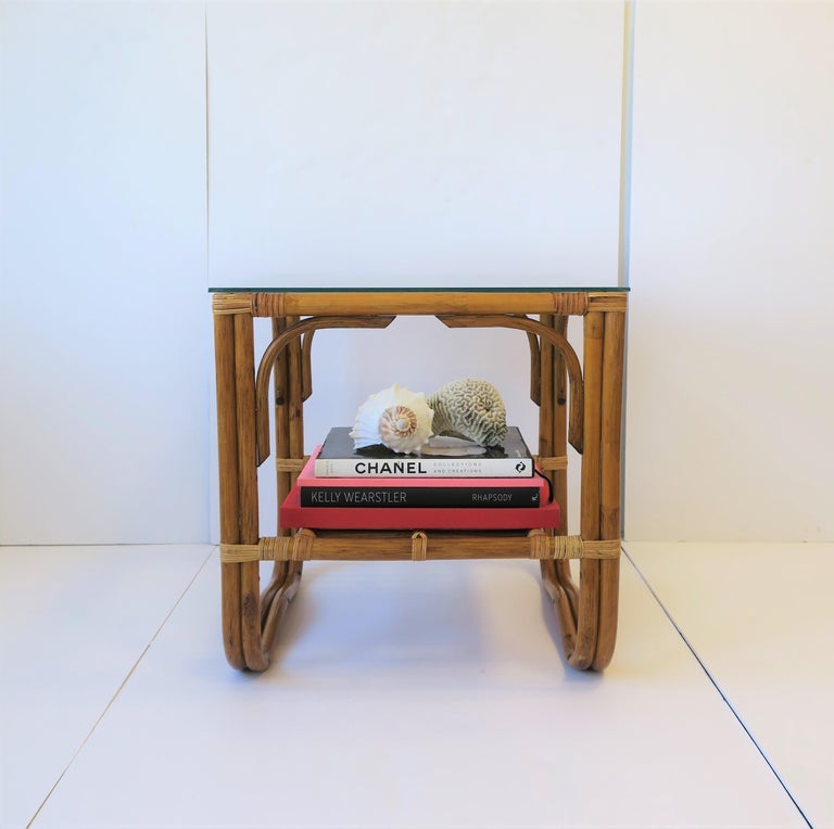 Wicker Rattan and Glass Square End Table For Sale at 1stDibs
