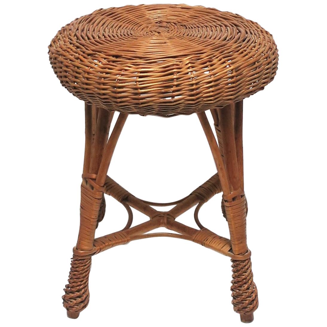Wicker Rattan and Wood Stool