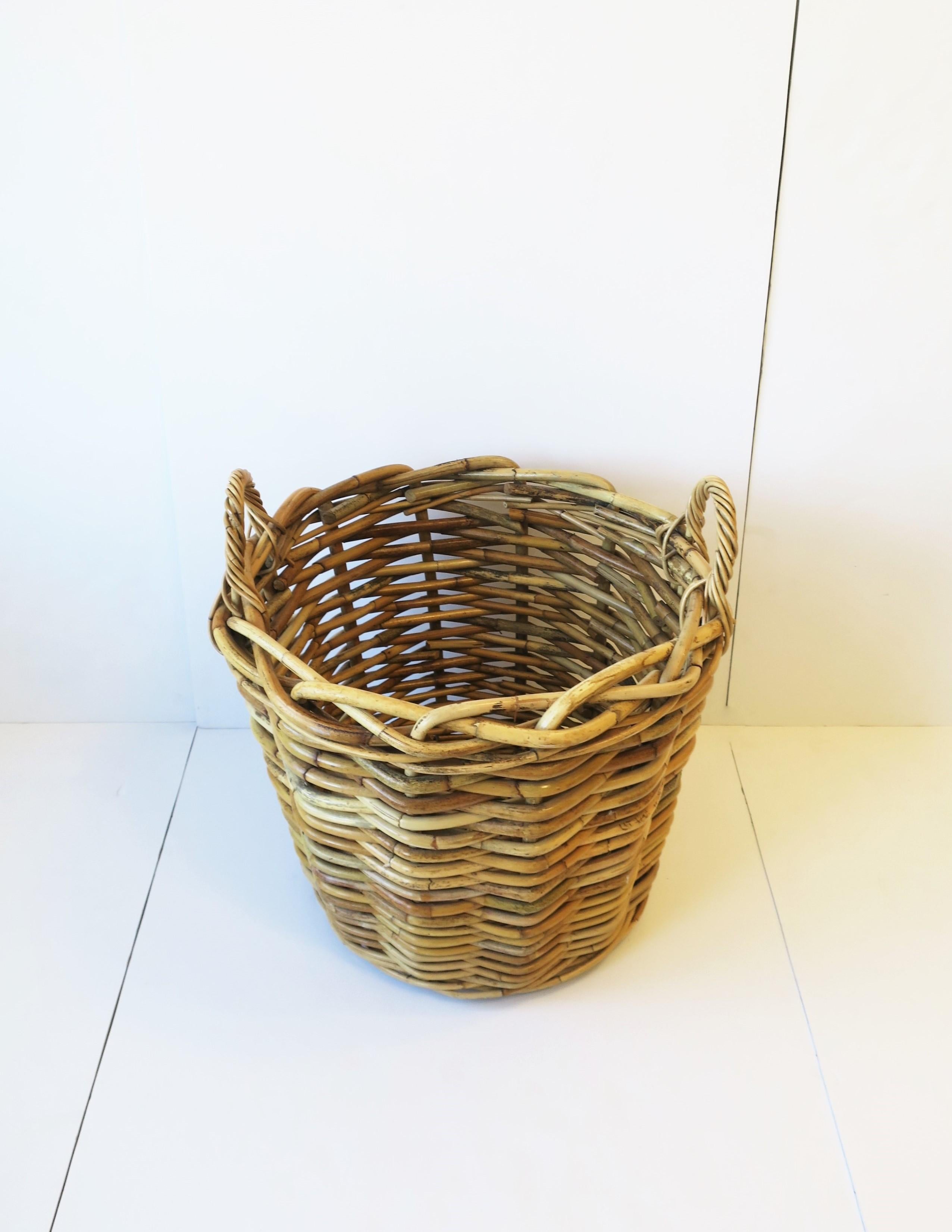 20th Century Wicker Rattan Basket with Handles