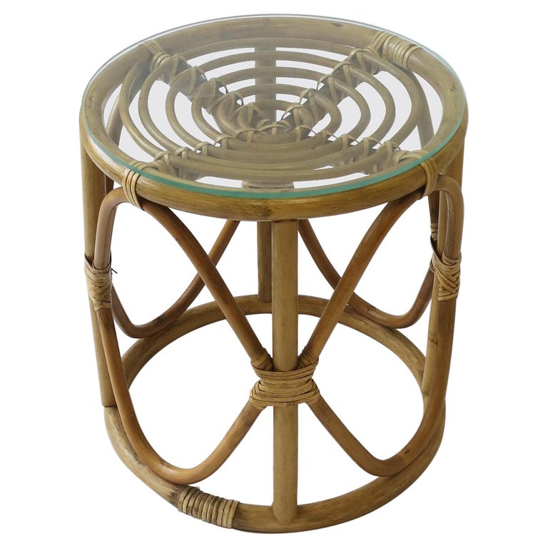 Wicker Rattan Bentwood Round Side Table, Wicker Glass Lamp Table