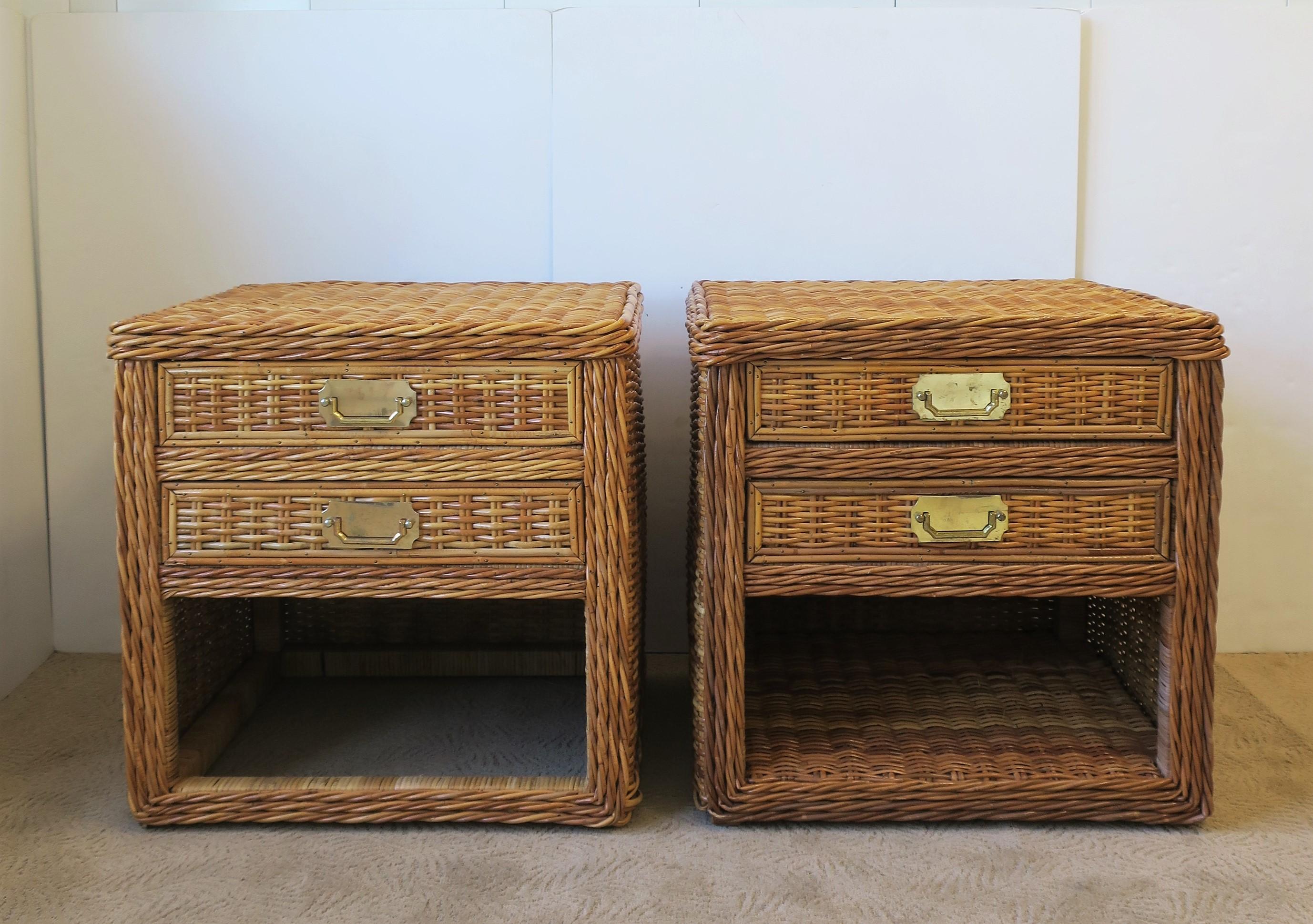 A well made pair or set of wicker rattan end tables or nightstand tables with drawers, attributed to McGuire Furniture Co., circa late 20th century, USA. Measurements: 24