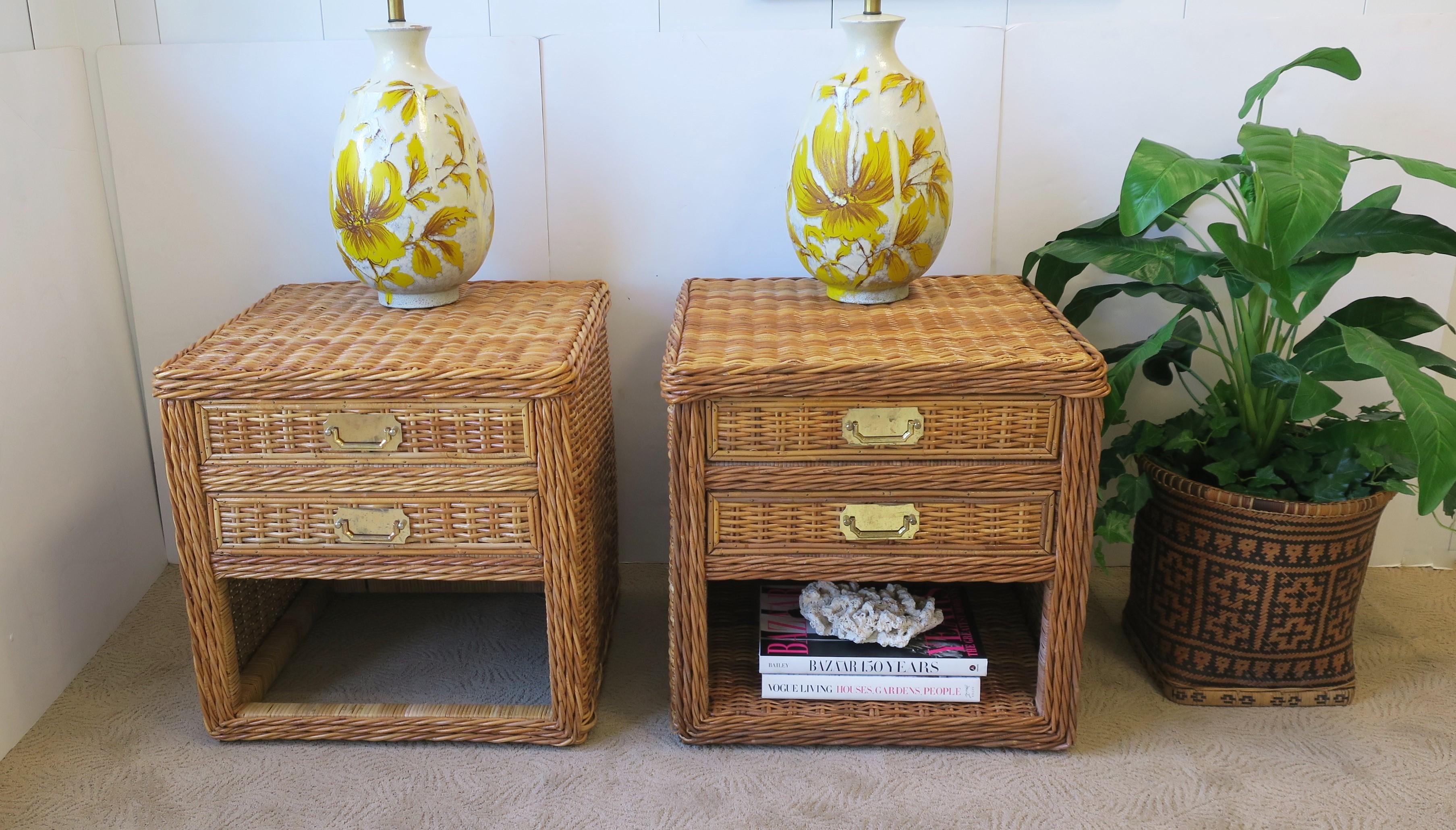 20th Century Wicker Rattan End Tables or Nightstand Tables