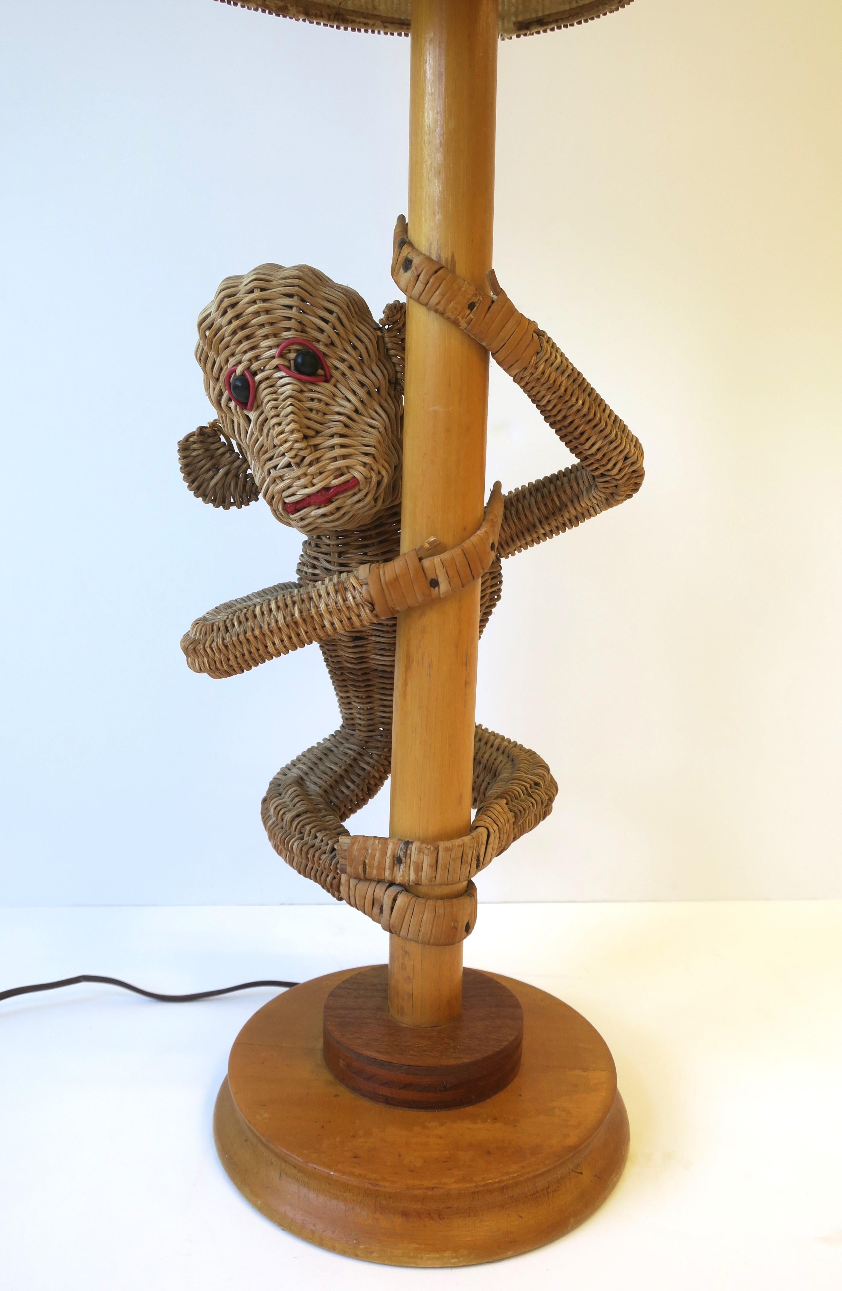 Wood Wicker Rattan Monkey Lamp with Wicker Shade in the Lopez Style, circa 1970s For Sale