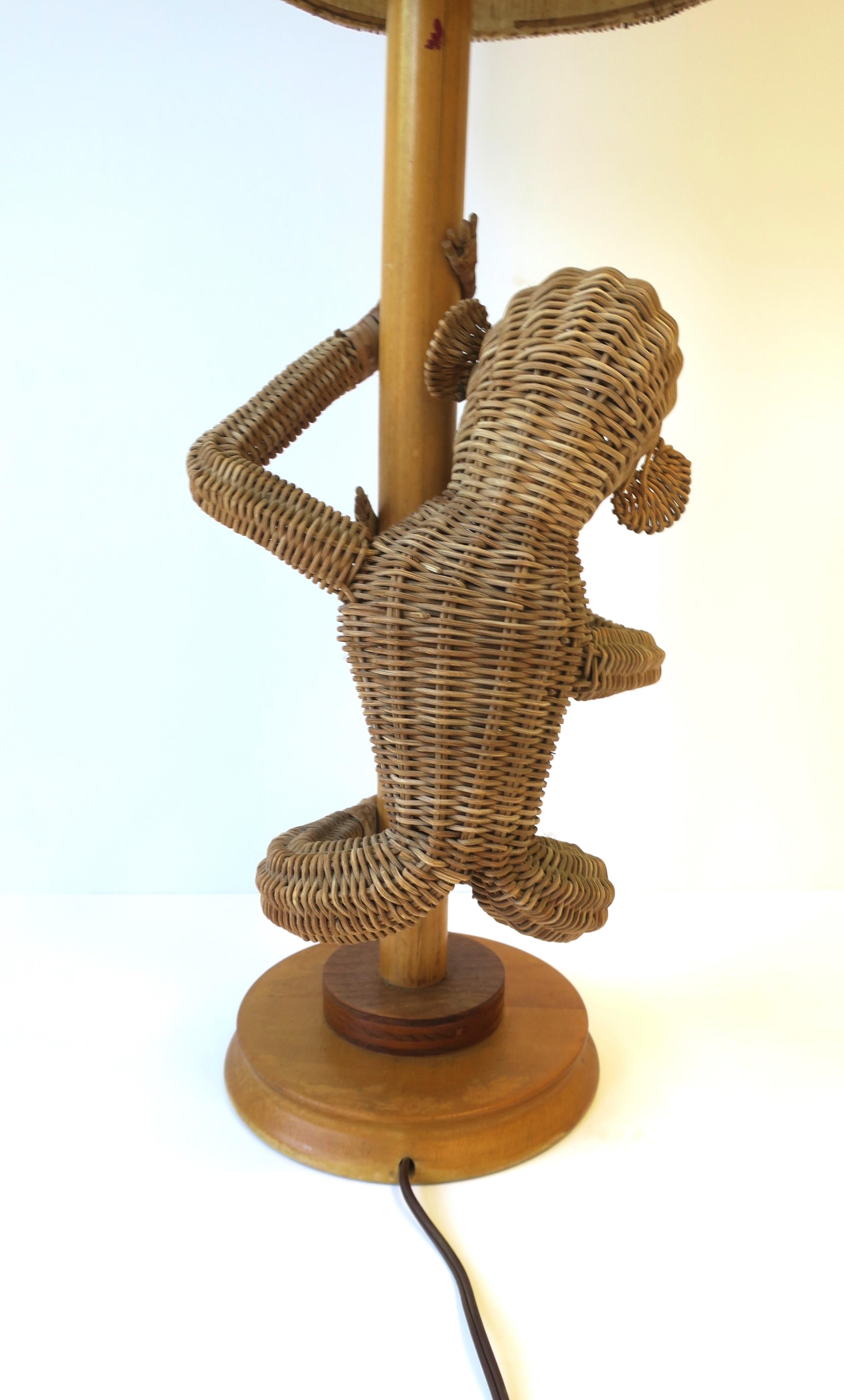 Wicker Rattan Monkey Lamp with Wicker Shade in the Lopez Style, circa 1970s For Sale 1