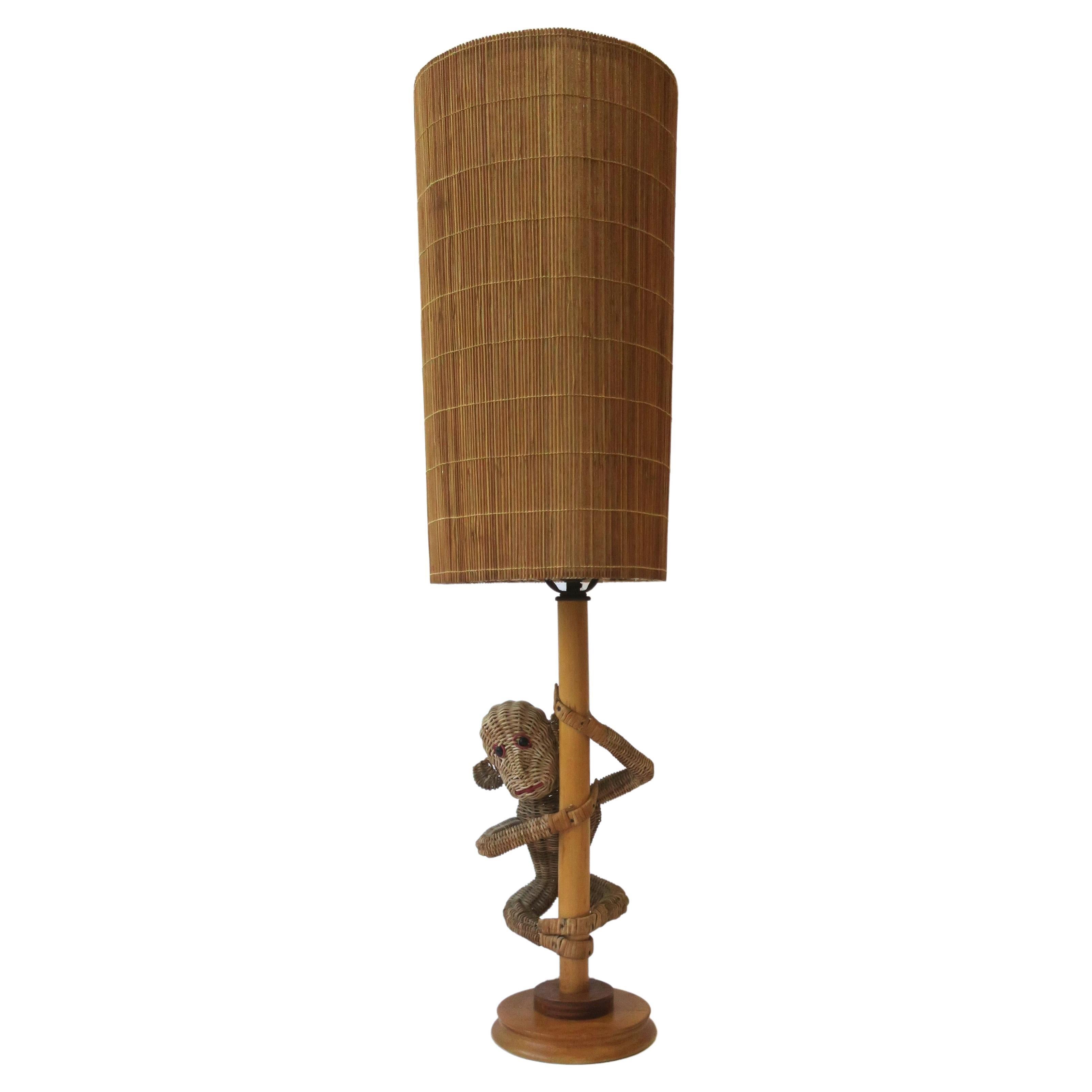 Wicker Rattan Monkey Lamp with Wicker Shade in the Lopez Style, circa 1970s For Sale