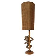 Vintage Wicker Rattan Monkey Lamp with Wicker Shade in the Lopez Style, circa 1970s