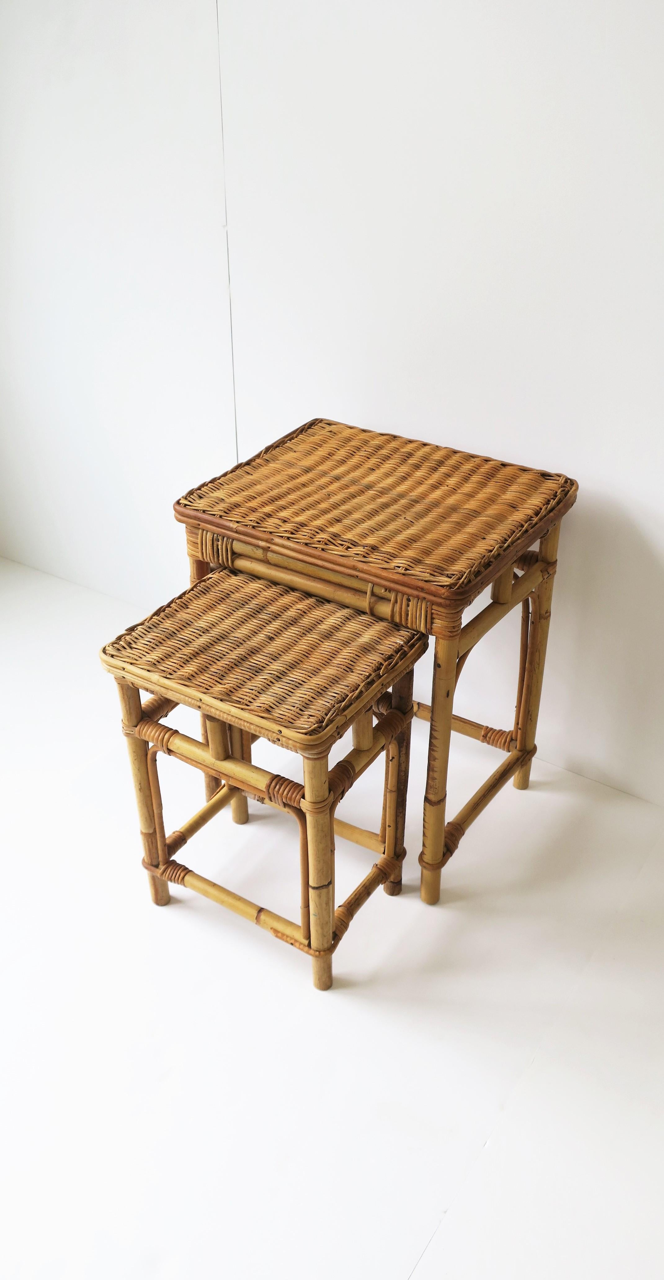 A pair/set of vintage wicker rattan nesting end or side tables, circa 1960s - 1970s. A great set, easily moved around, especially the smaller of the two; a great size at 15.63