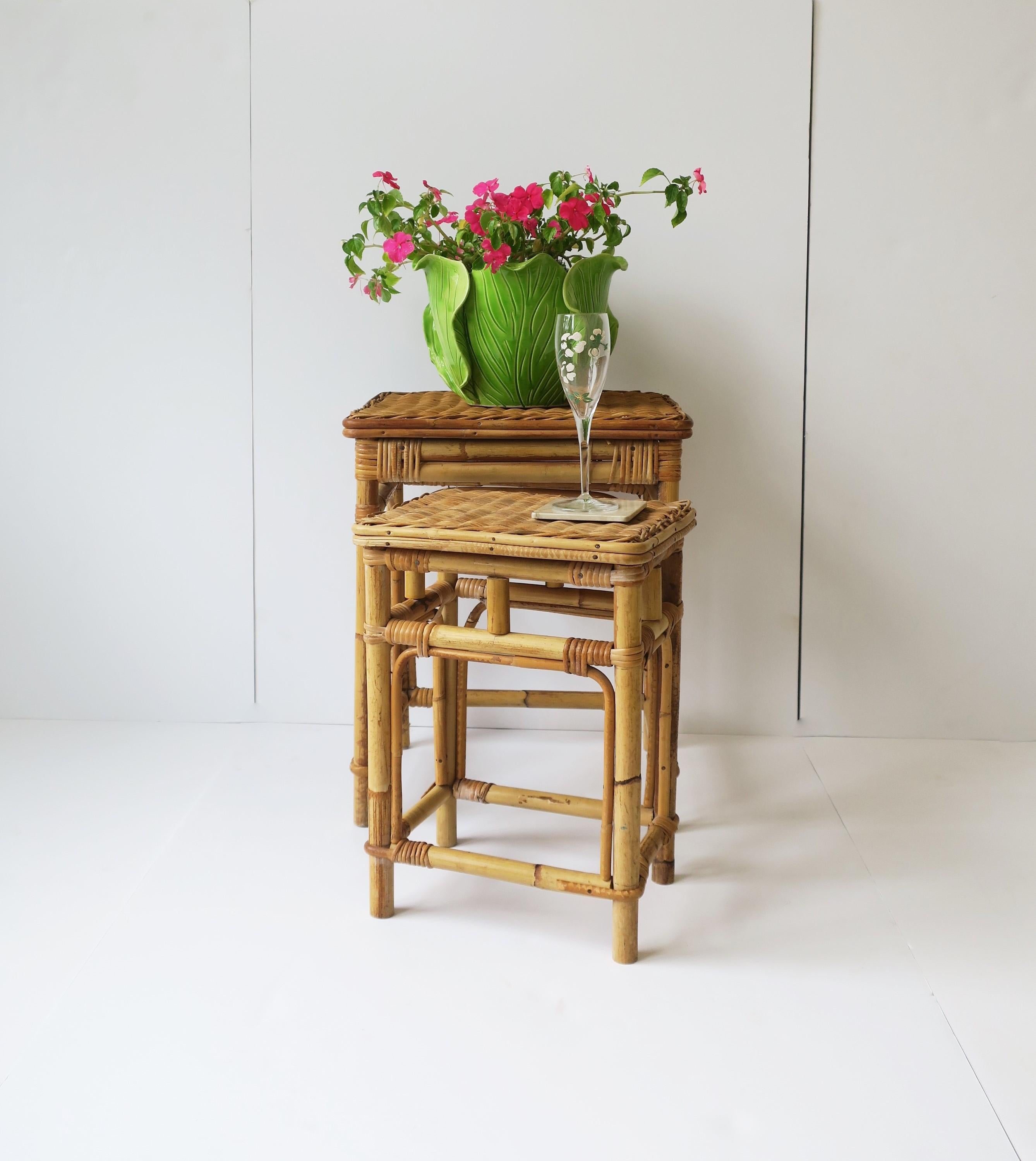 20th Century Wicker Rattan Nesting Side Tables, Set of 2