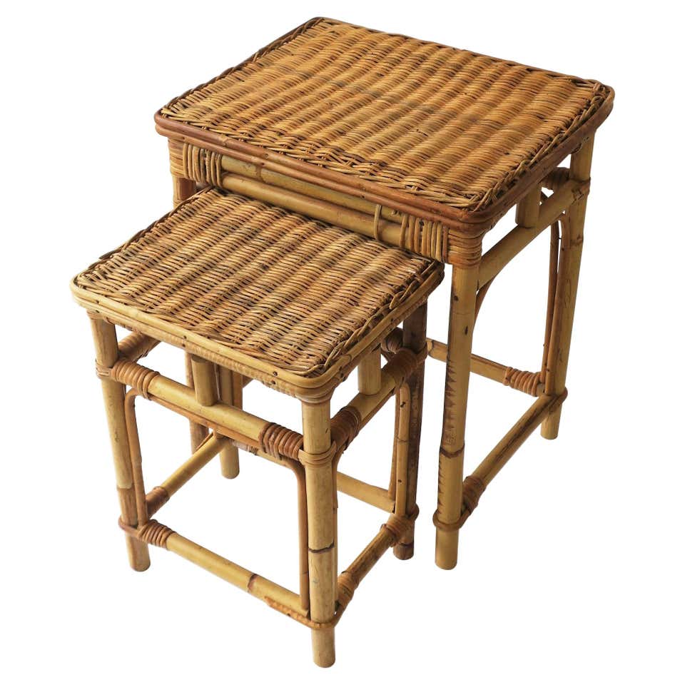 Small Rectangular Rattan Nesting Table Wicker Rattan Nesting Side Tables, Set of 2 at 1stDibs