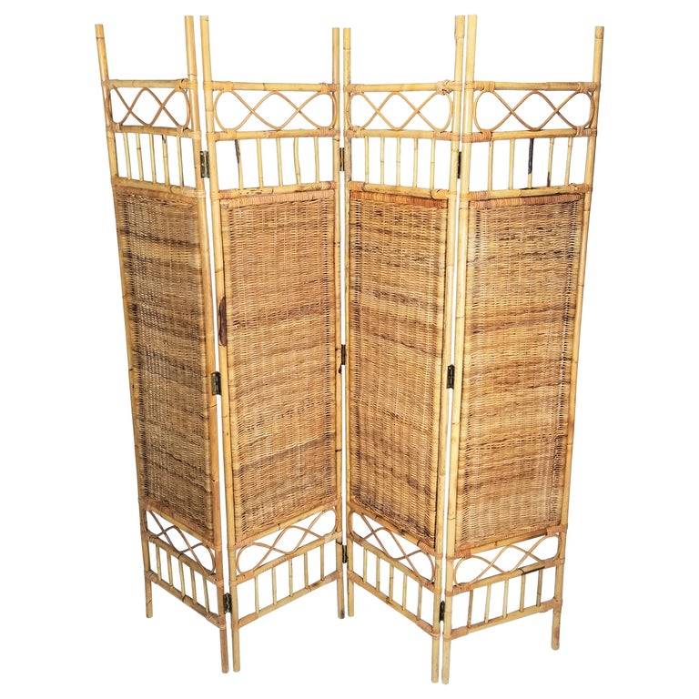 Wicker Rattan Screen Room Divider Four Panel, 1970sMid Century For Sale