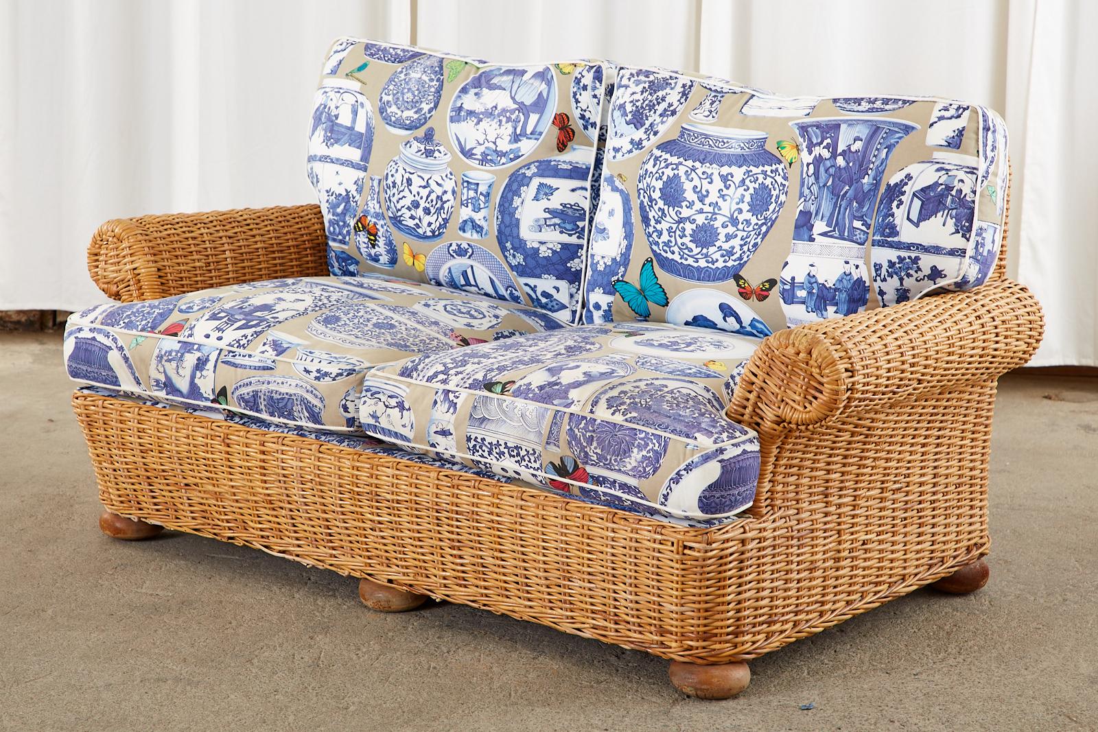 Organic Modern Wicker Rattan Settee and Armchair Chinoiserie Blue and White Upholstery For Sale