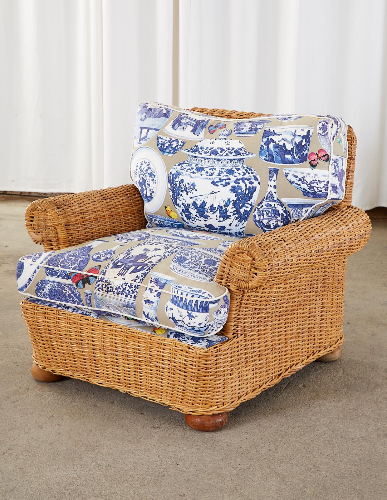 American Wicker Rattan Settee and Armchair Chinoiserie Blue and White Upholstery For Sale