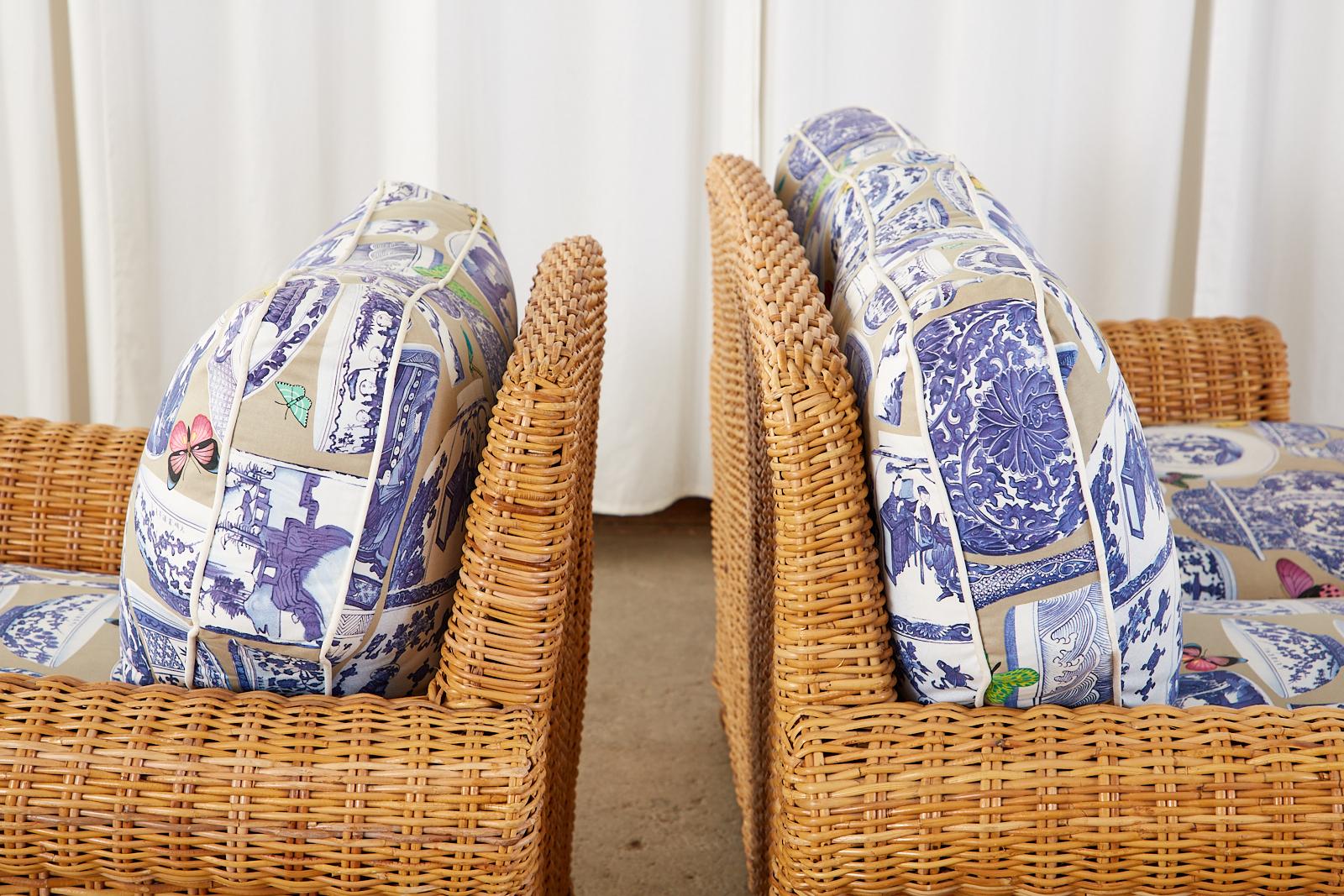 Fabric Wicker Rattan Settee and Armchair Chinoiserie Blue and White Upholstery For Sale