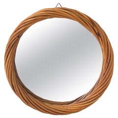 Wicker Rattan Twisted Round Wall Mirror, Circa 1970s - 1980s