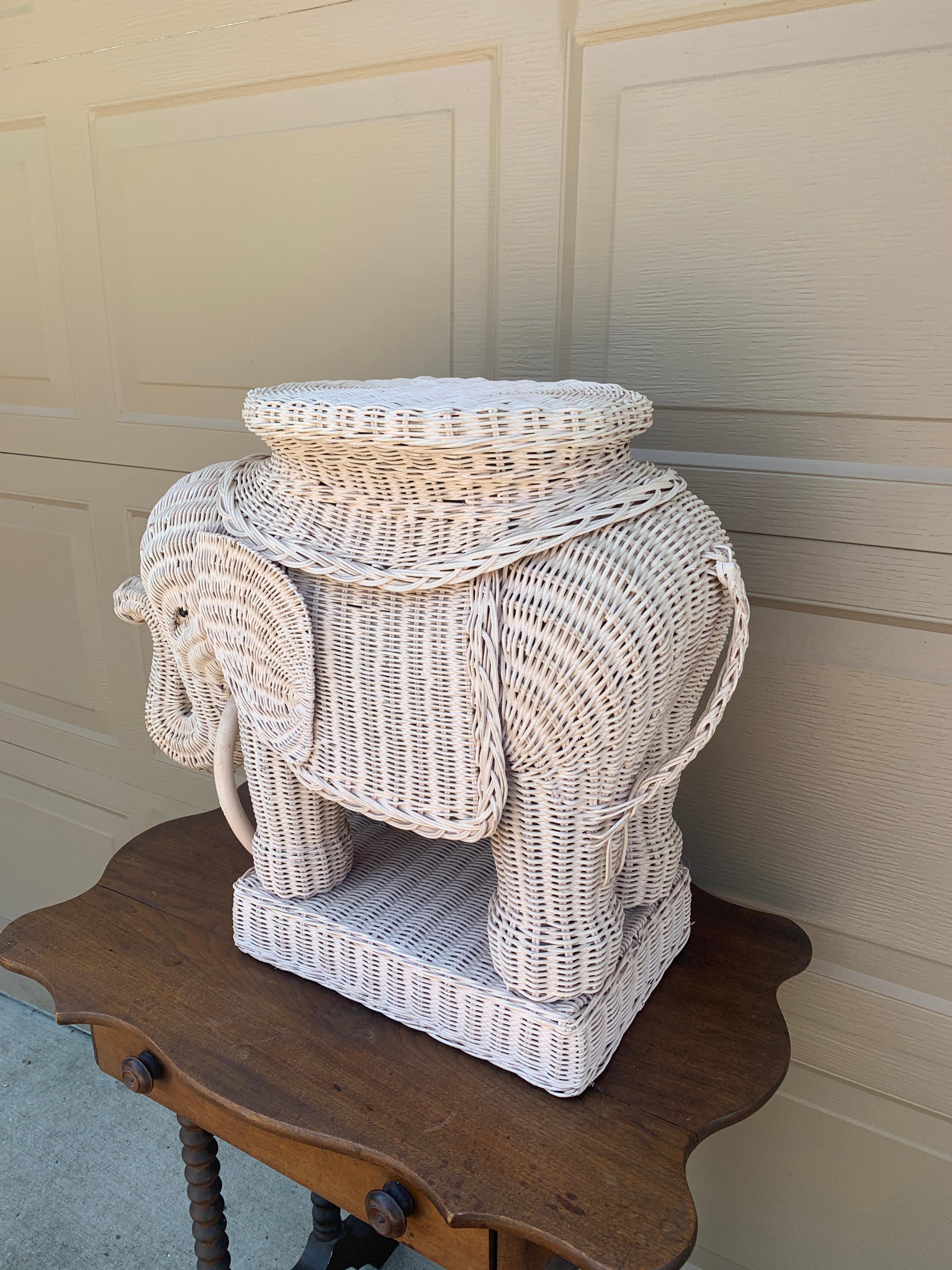 Bohemian Wicker Rattan White Elephant Garden Stool or Side Table, 1970s