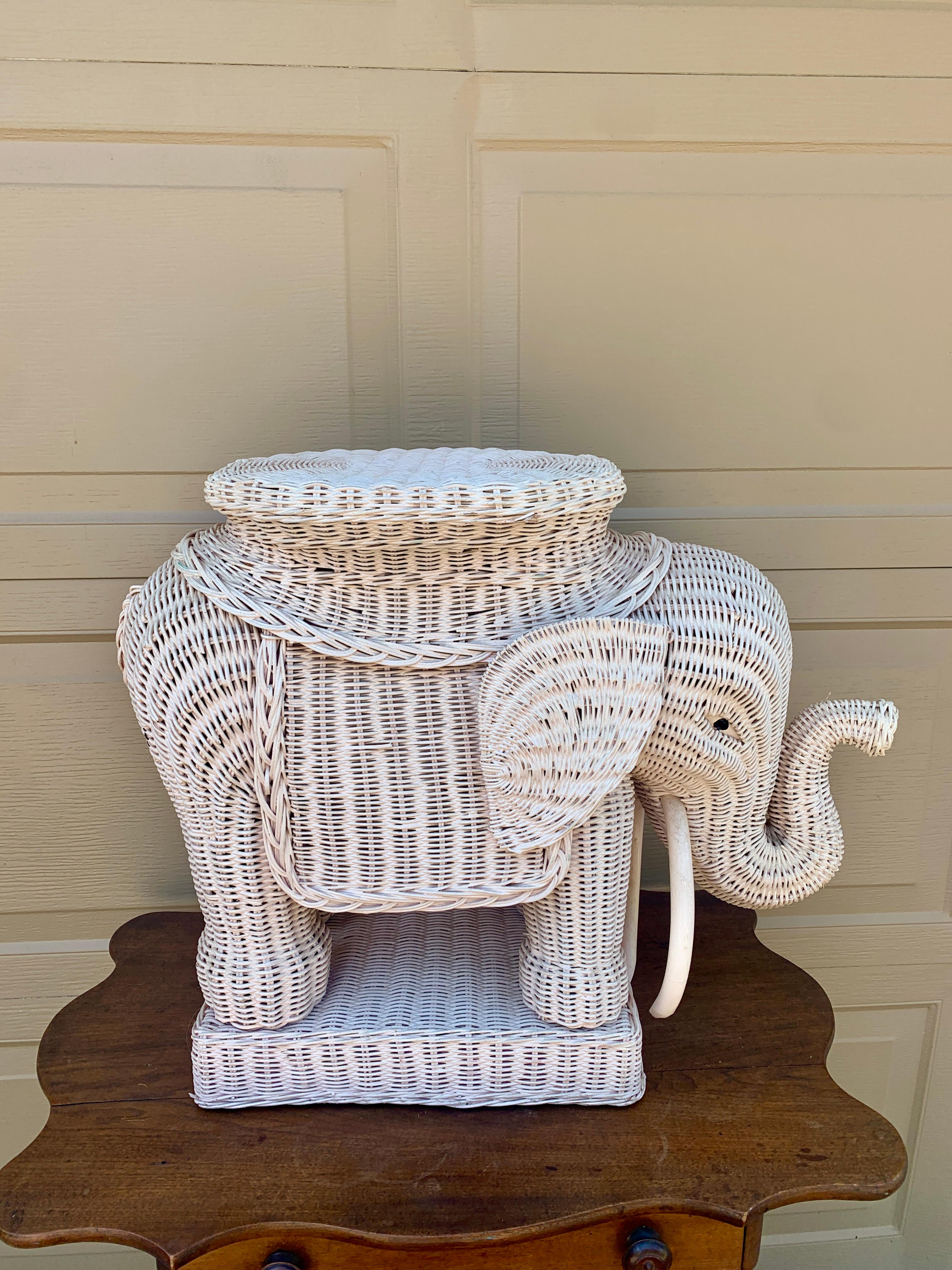 Wicker Rattan White Elephant Garden Stool or Side Table, 1970s 2