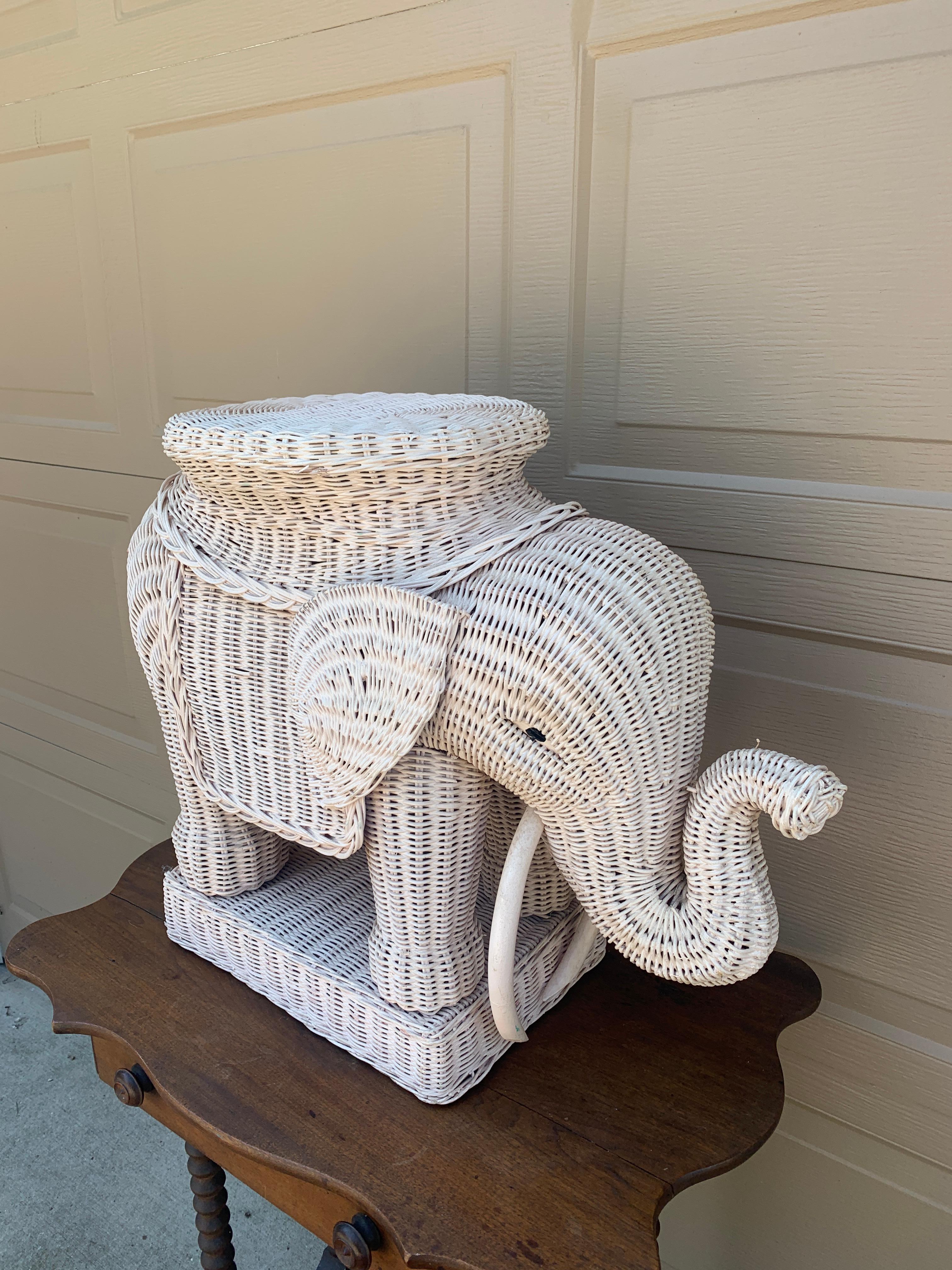 Wicker Rattan White Elephant Garden Stool or Side Table, 1970s 3
