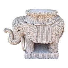 Wicker Rattan White Elephant Garden Stool or Side Table, 1970s