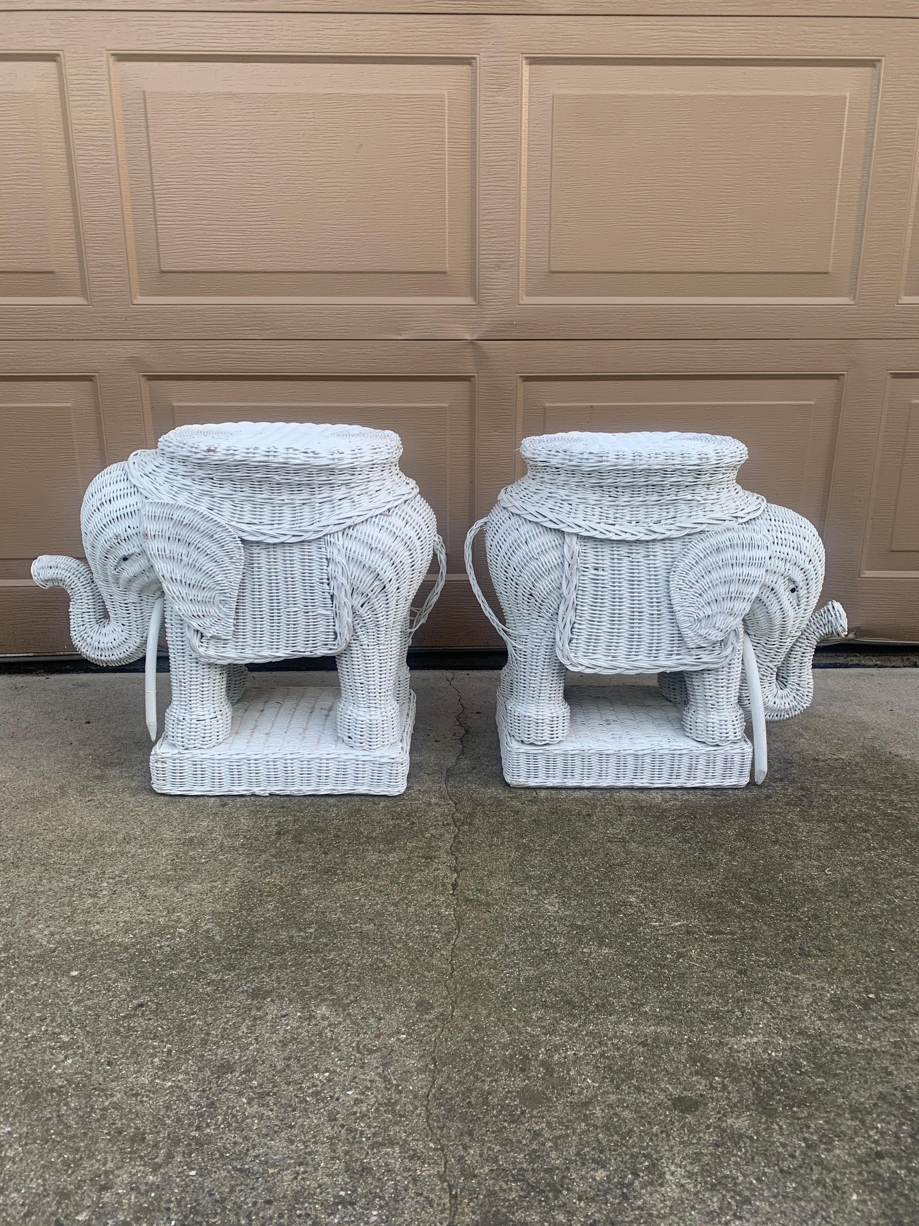 Wicker Rattan White Elephant Garden Stools or Side Tables, Pair For Sale 4