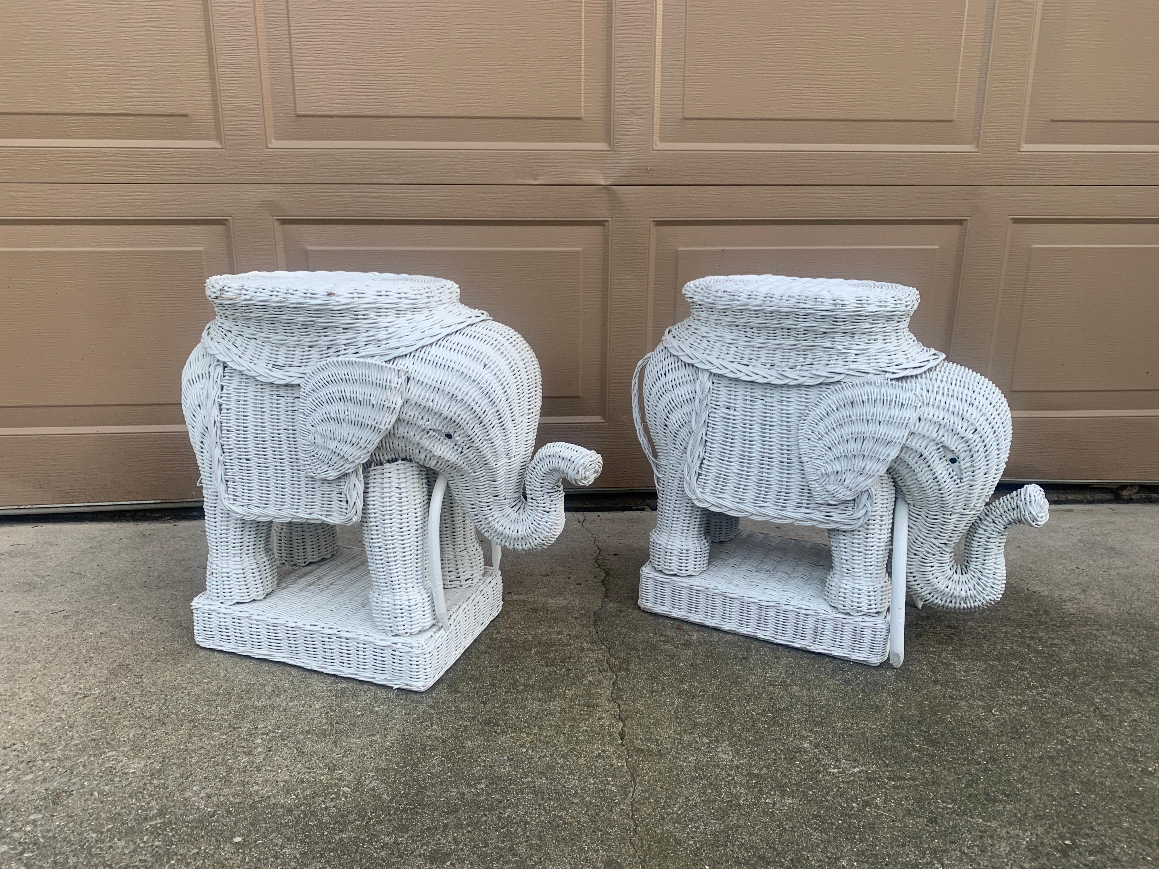 Wicker Rattan White Elephant Garden Stools or Side Tables, Pair For Sale 5