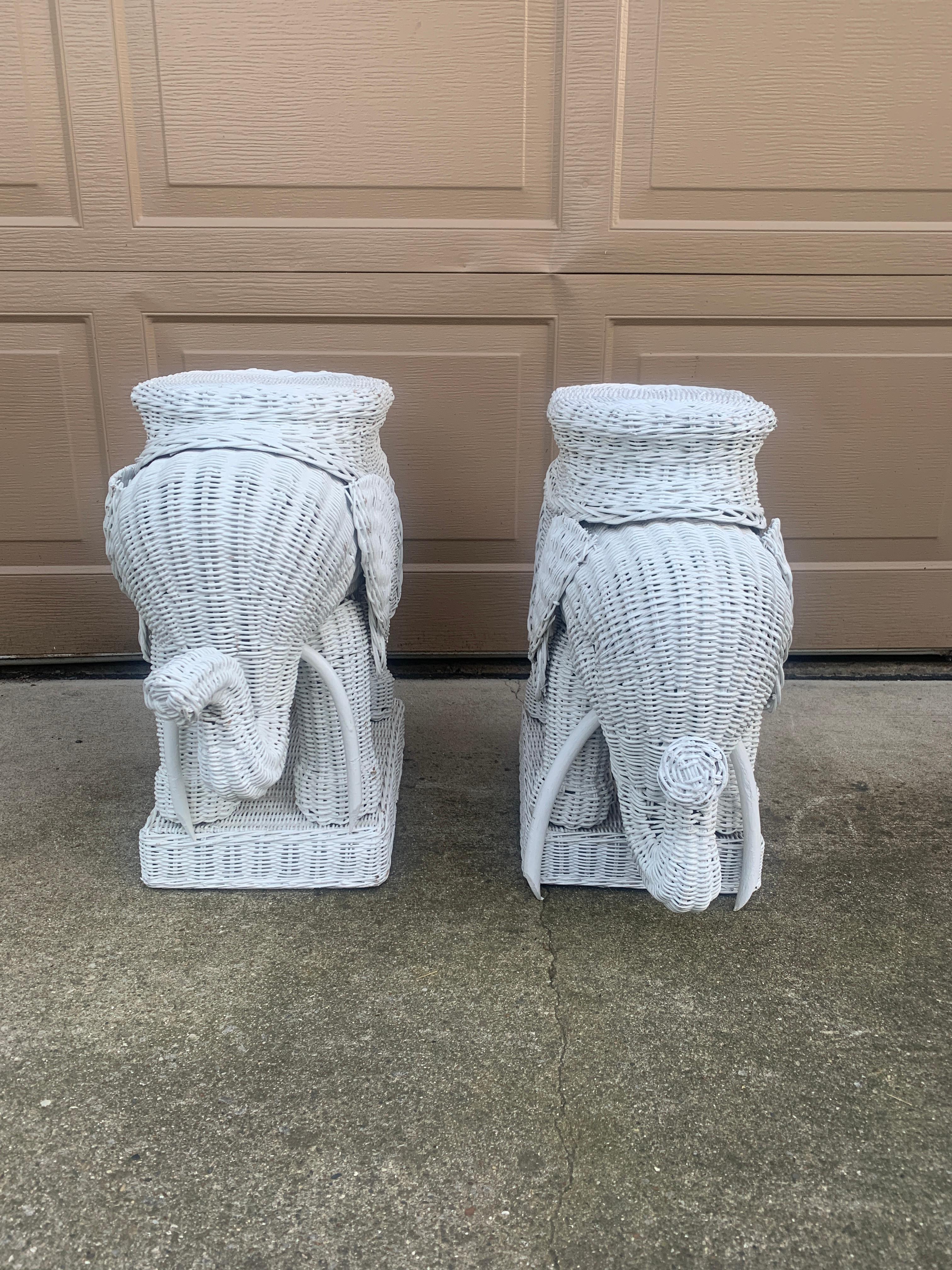 Late 20th Century Wicker Rattan White Elephant Garden Stools or Side Tables, Pair For Sale