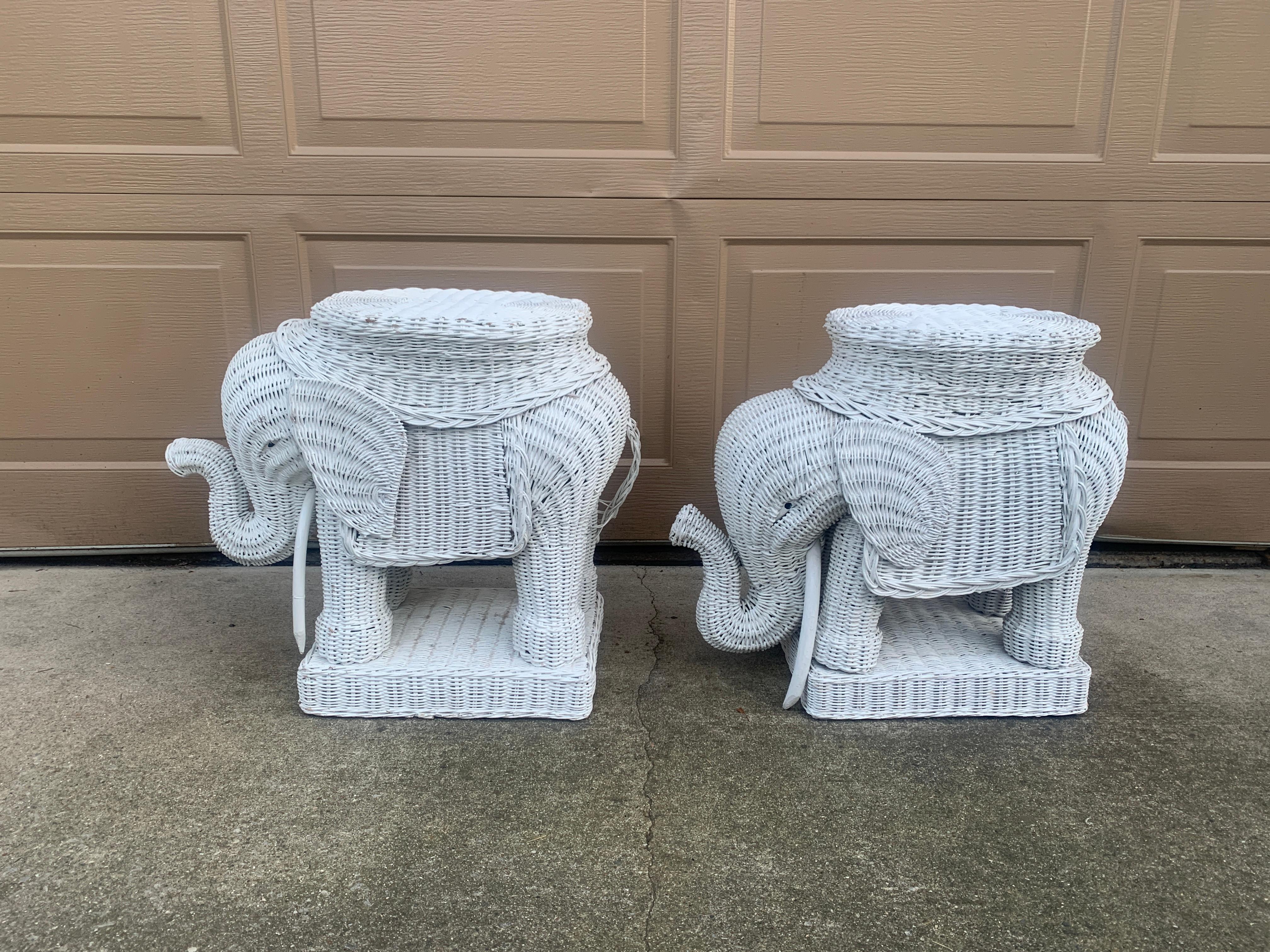 Wicker Rattan White Elephant Garden Stools or Side Tables, Pair For Sale 1