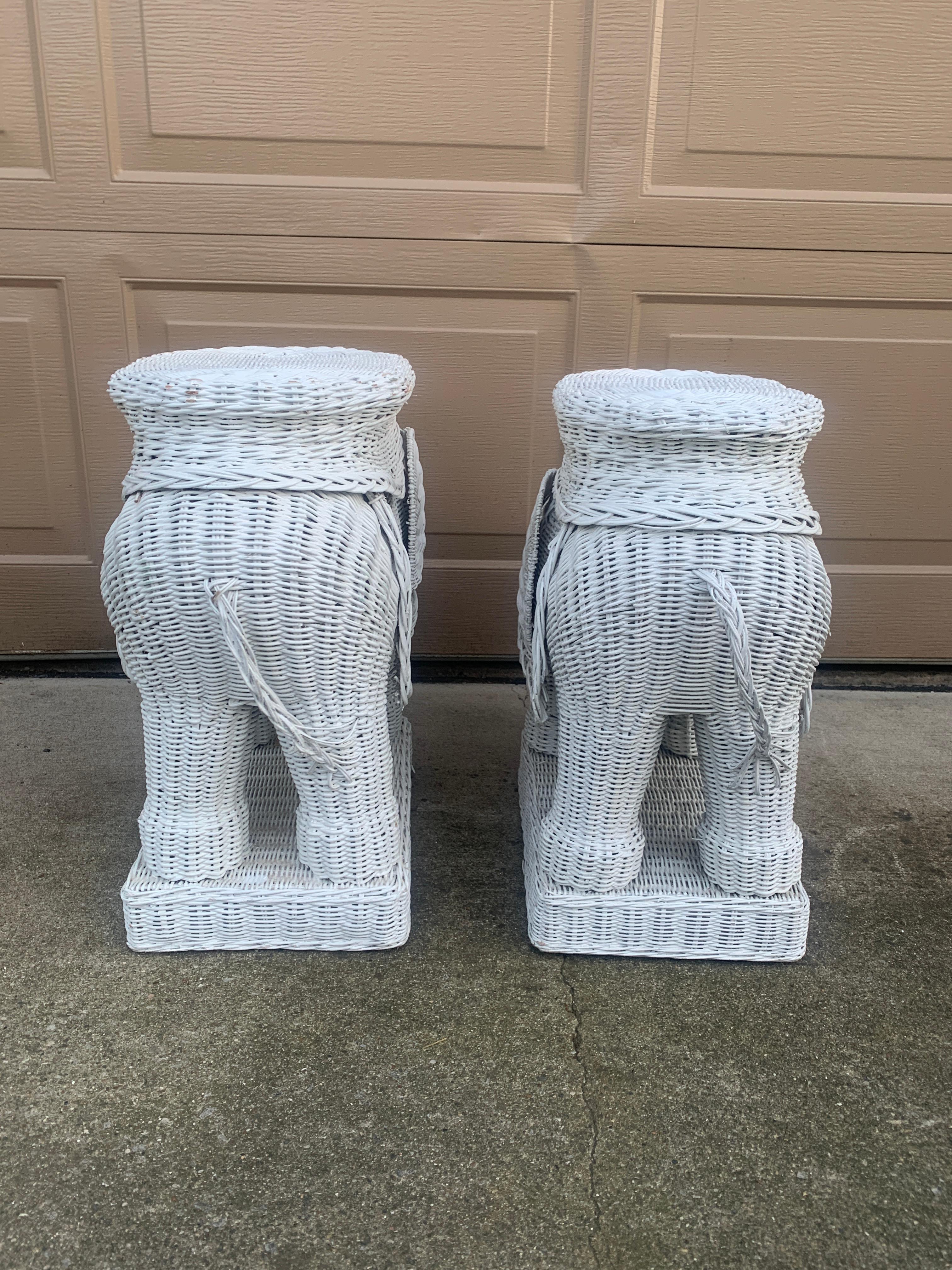 Wicker Rattan White Elephant Garden Stools or Side Tables, Pair For Sale 2