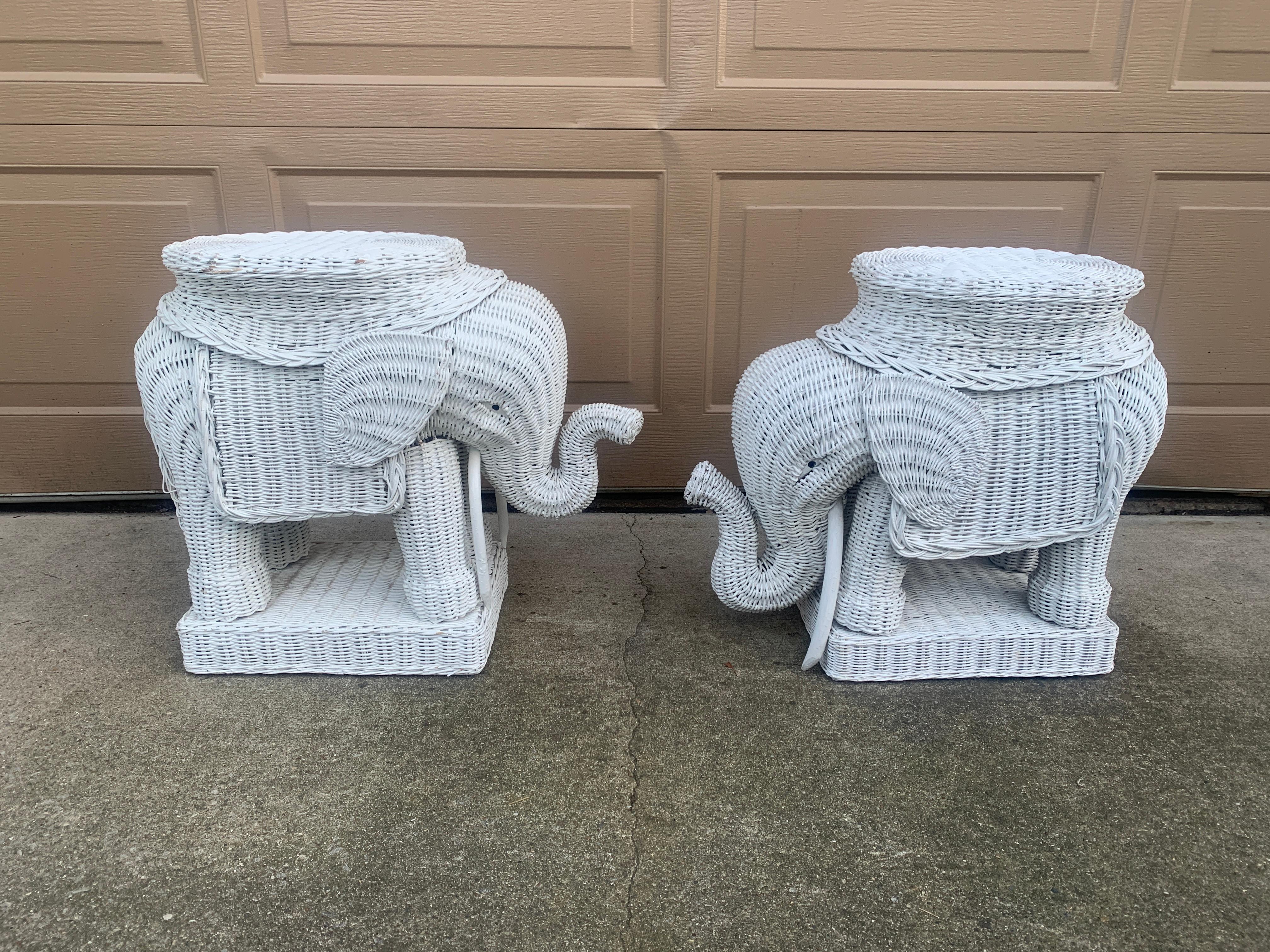 Wicker Rattan White Elephant Garden Stools or Side Tables, Pair For Sale 3