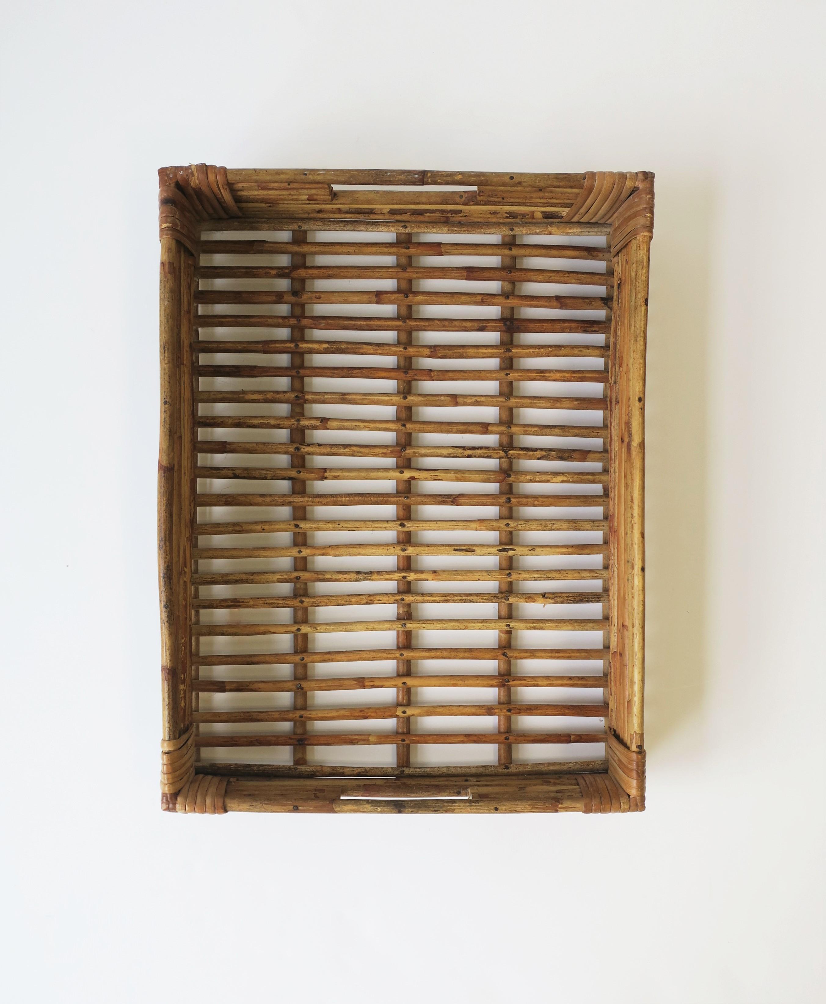 A wicker reed tray or desk letter storage box, circa late-20th century. A great serving tray with cut out handles and wrapped corners, or, to hold magazines, loose papers, mail, office/desk stuff, etc. Dimensions: 3.25