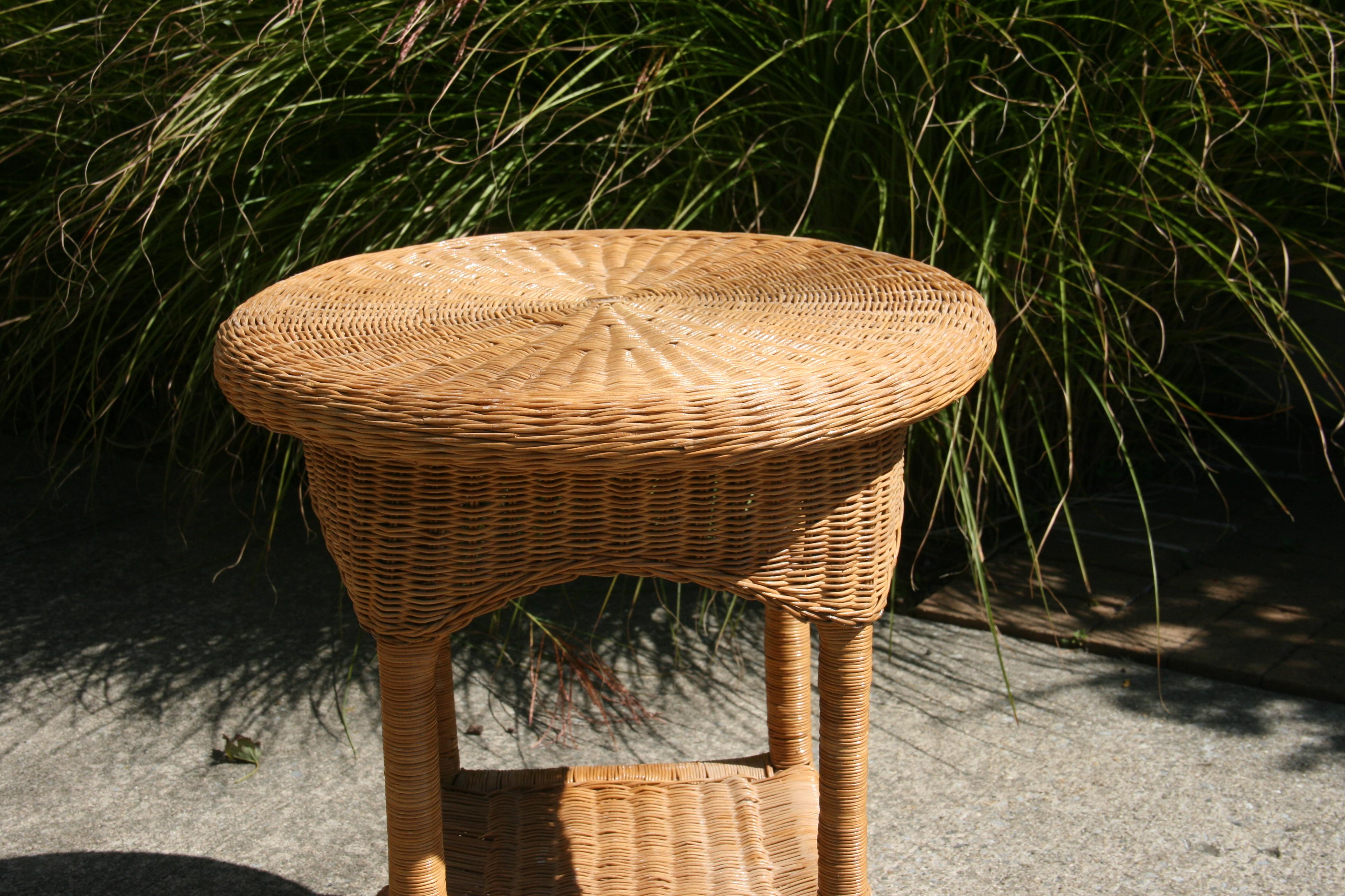 Mid-20th Century Wicker Round 2 level Side/End Table { 2 Available) For Sale