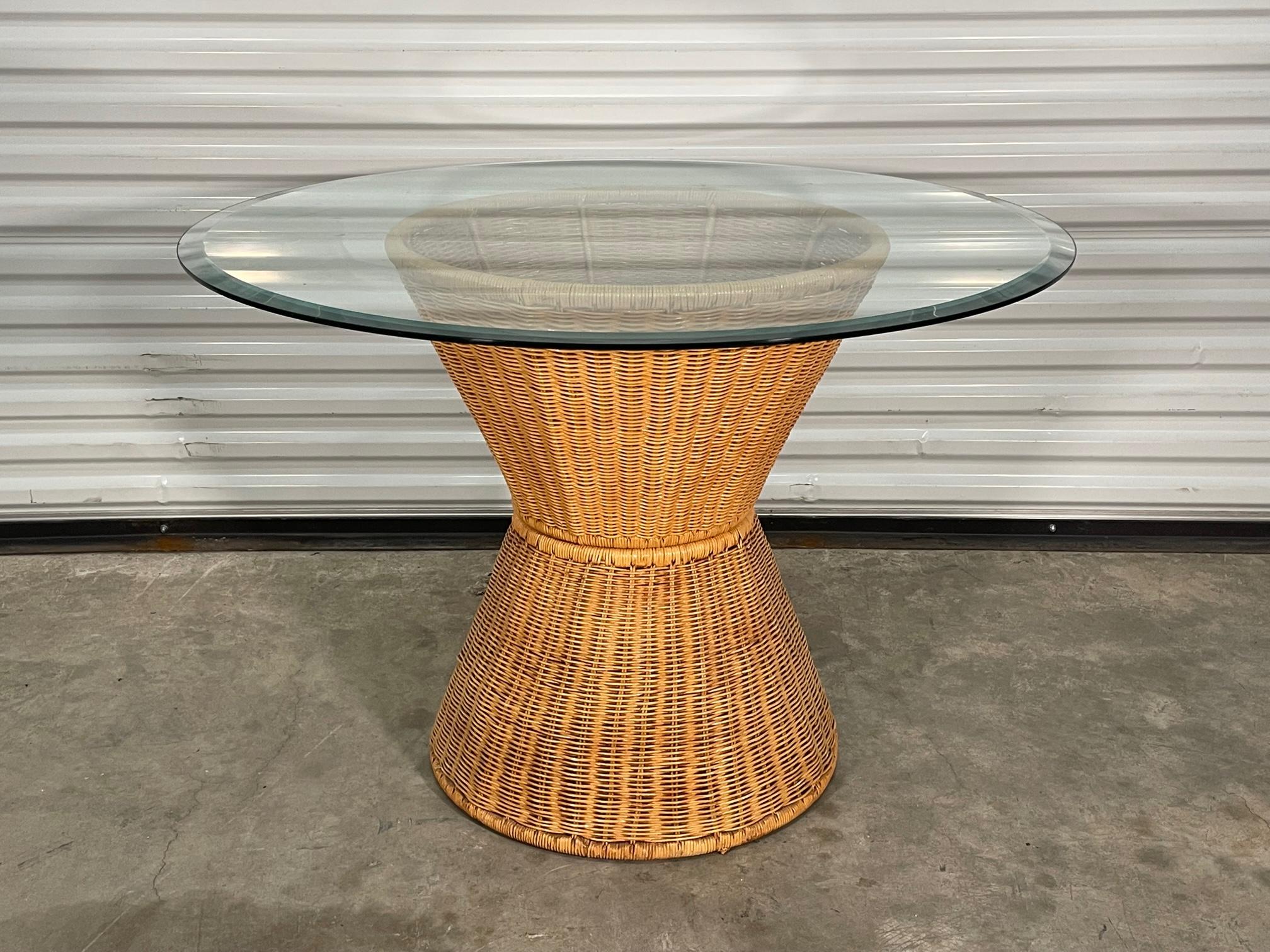 Organic Modern Wicker Round Pedestal Glass Top Dining Table