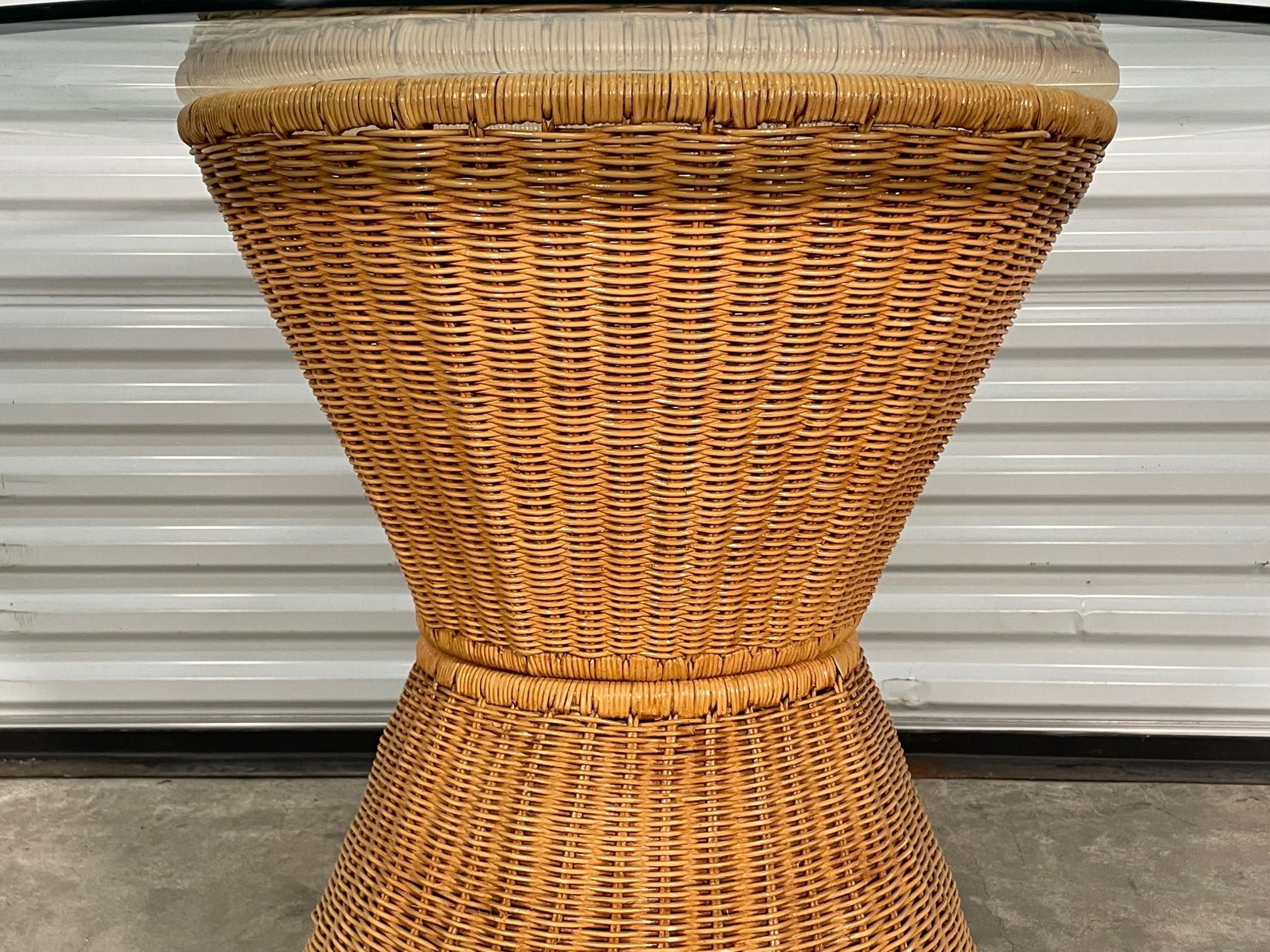 Late 20th Century Wicker Round Pedestal Glass Top Dining Table