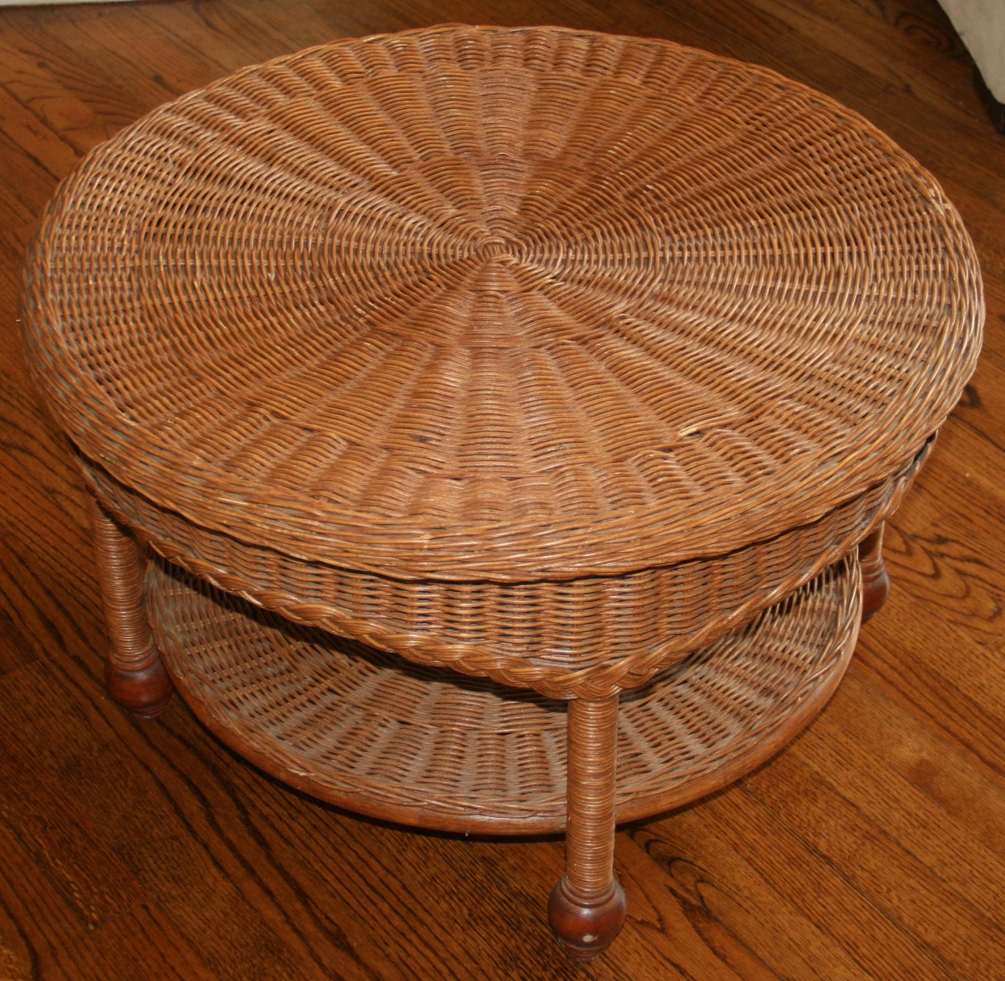 1903 Round 2 level wicker coffee table with wood feet