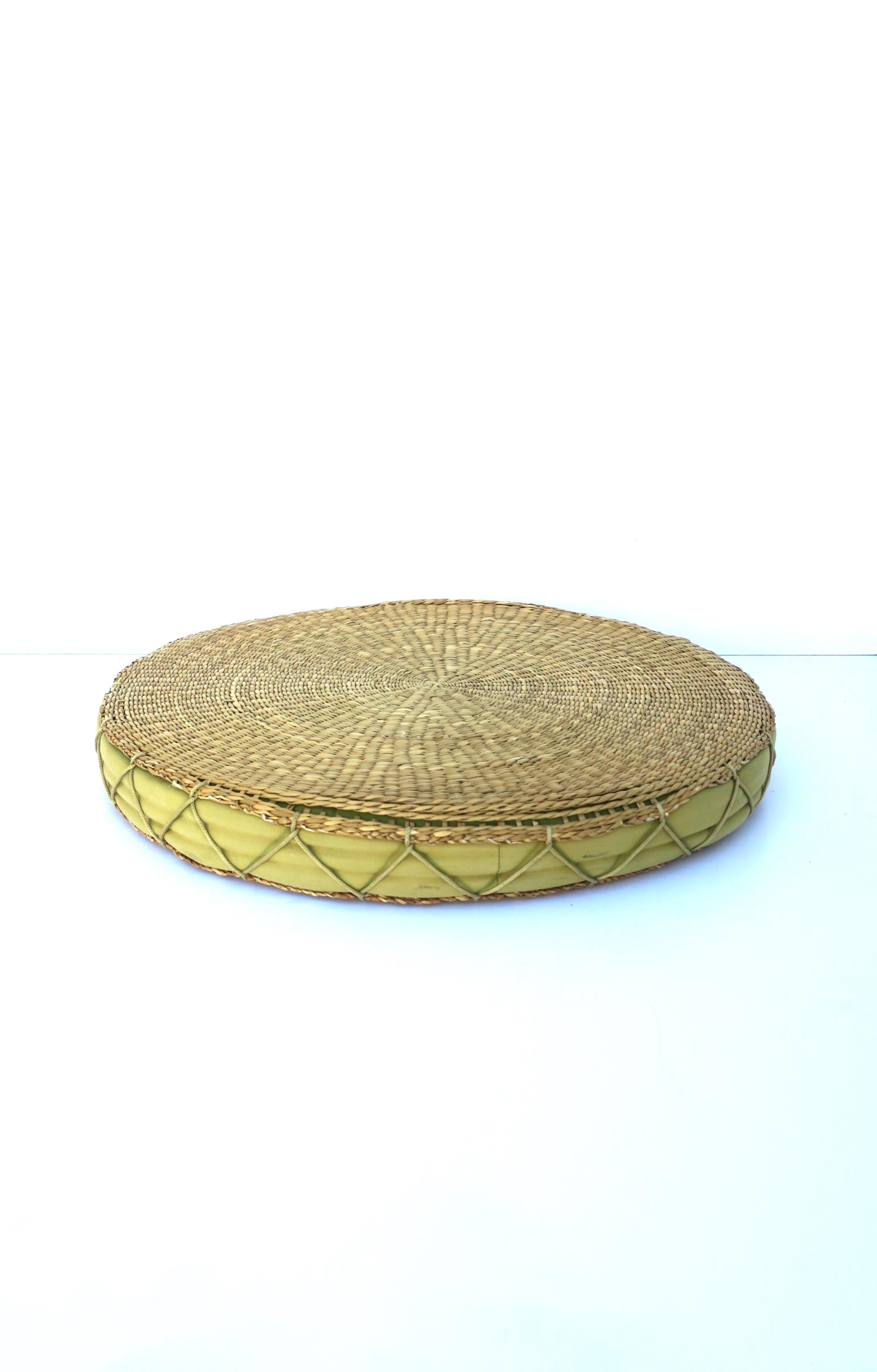 Bohemian Wicker Seat or Floor Cushion, Green and Tan For Sale