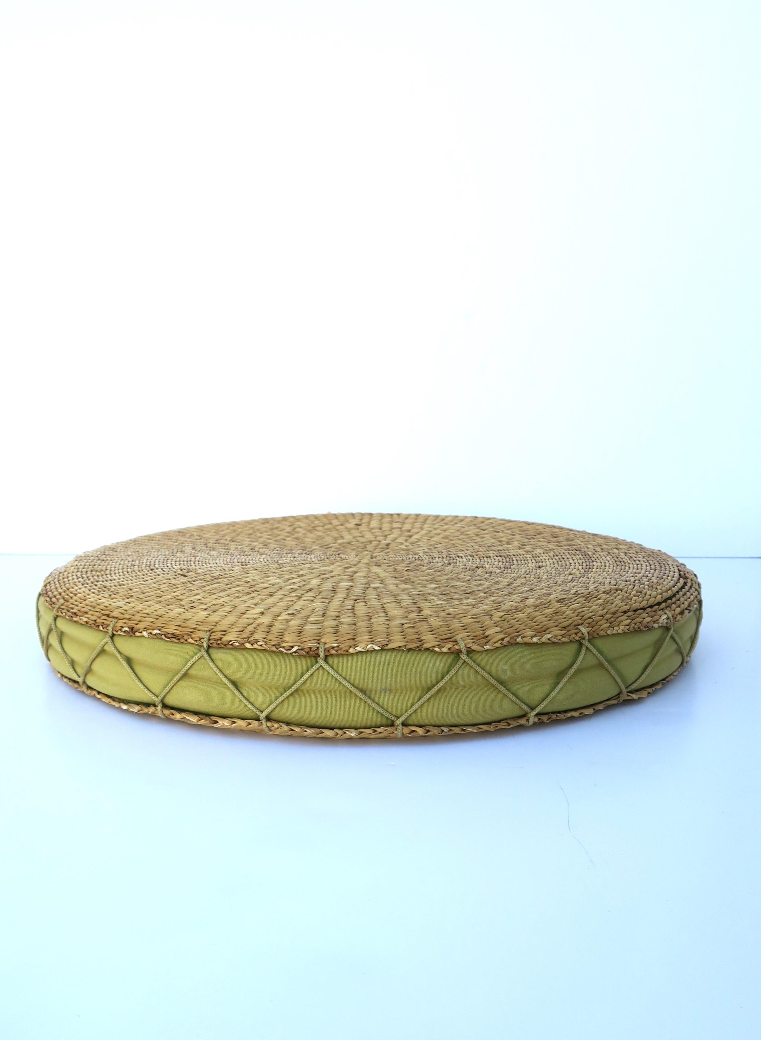 Wicker Seat or Floor Cushion, Green and Tan In Good Condition For Sale In New York, NY