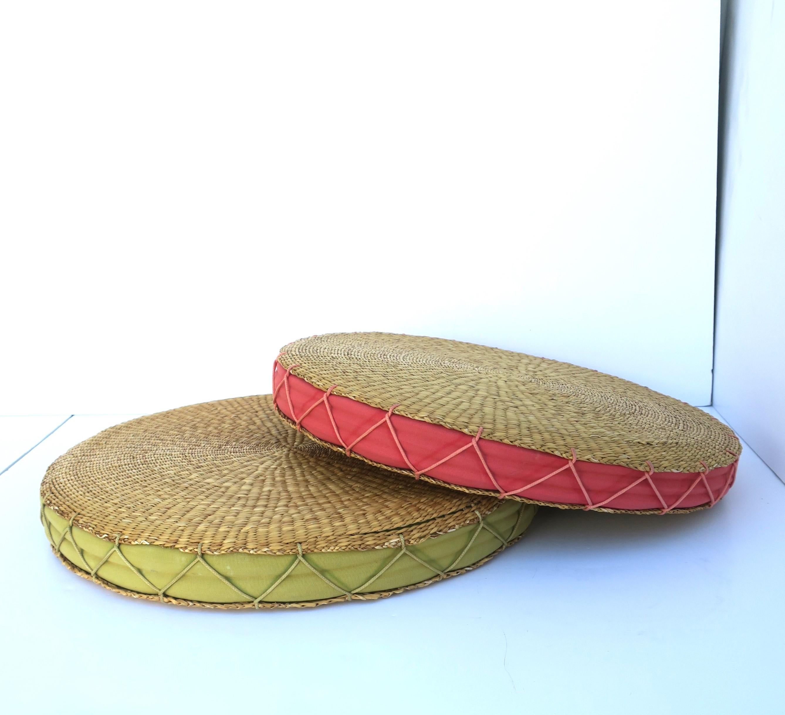 Cotton Wicker Seat or Floor Cushion, Green and Tan For Sale