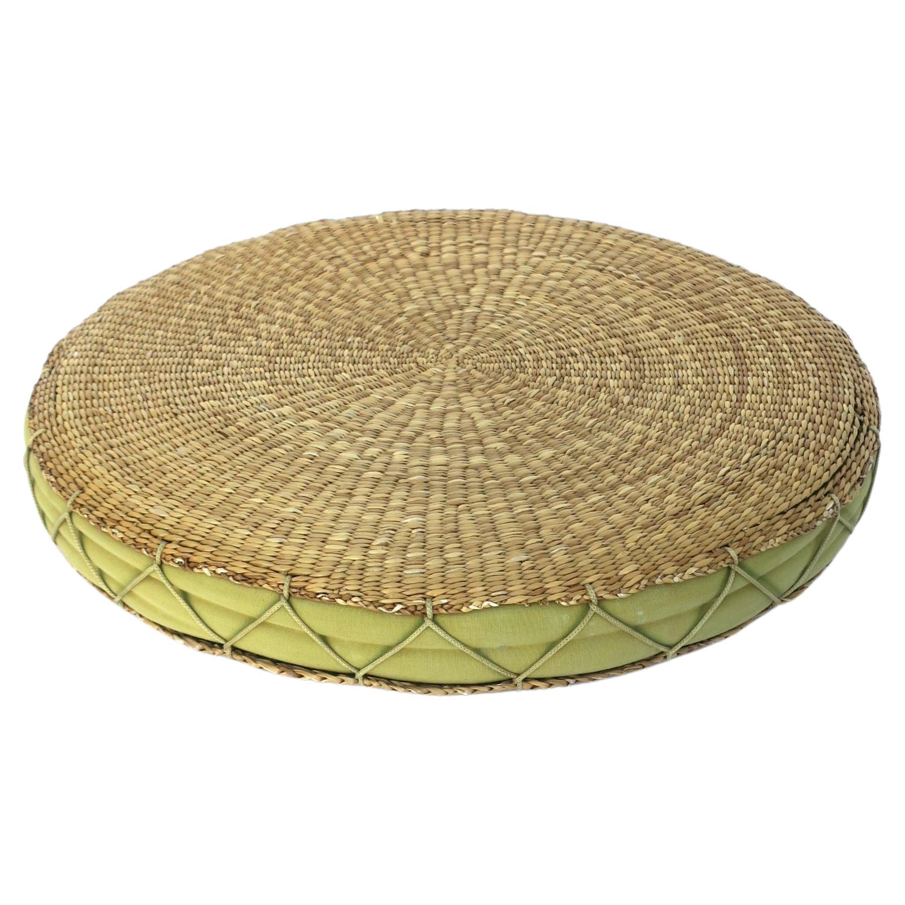 Wicker Seat or Floor Cushion, Green and Tan For Sale