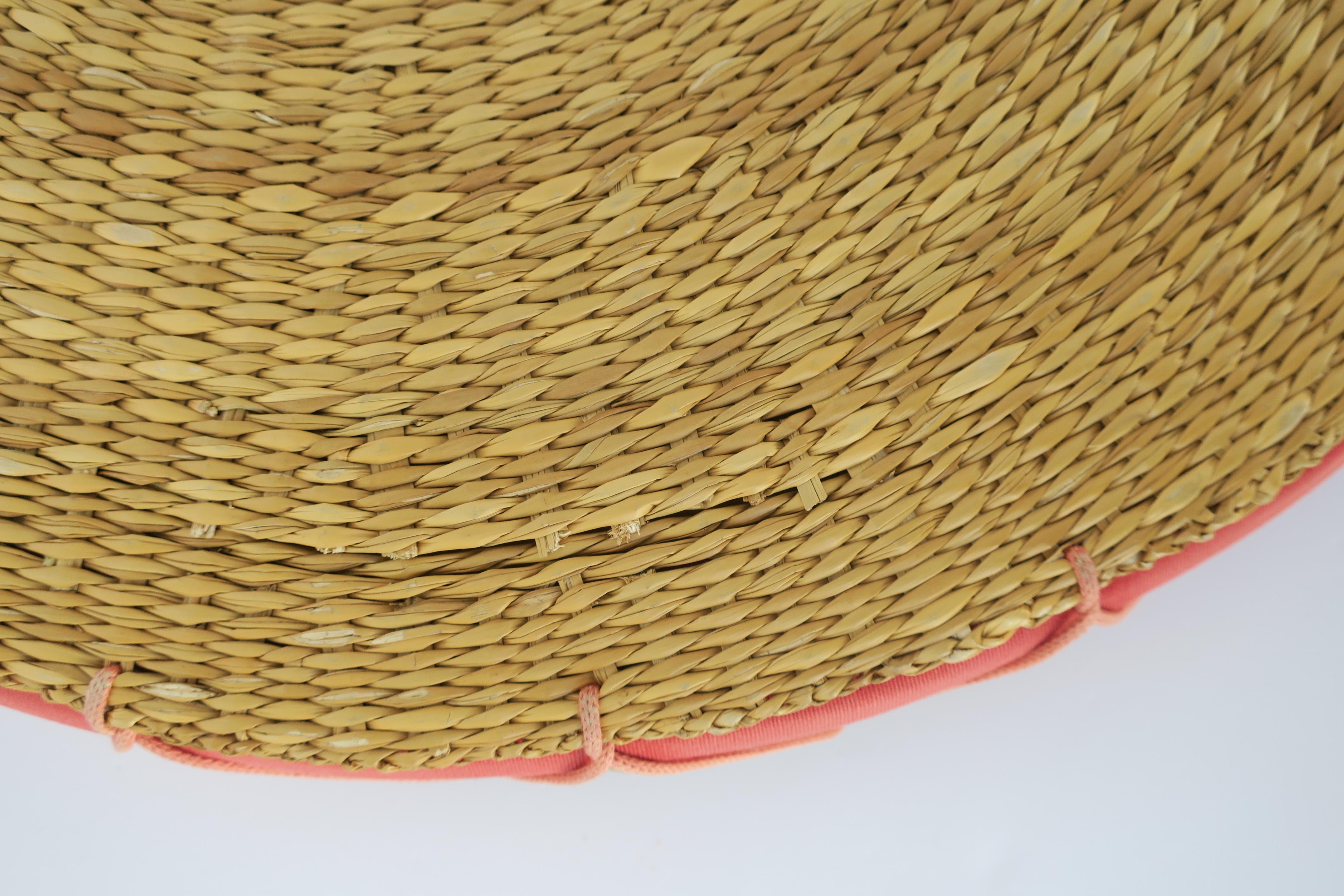 Wicker Seat or Floor Cushion, Watermelon Pink and Tan For Sale 5