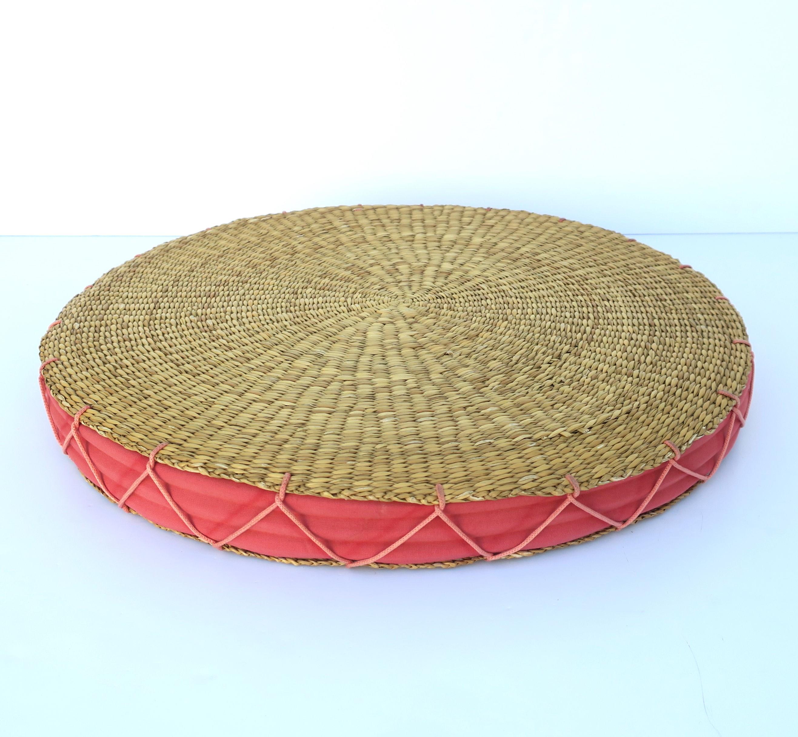 Bohemian Wicker Seat or Floor Cushion, Watermelon Pink and Tan For Sale