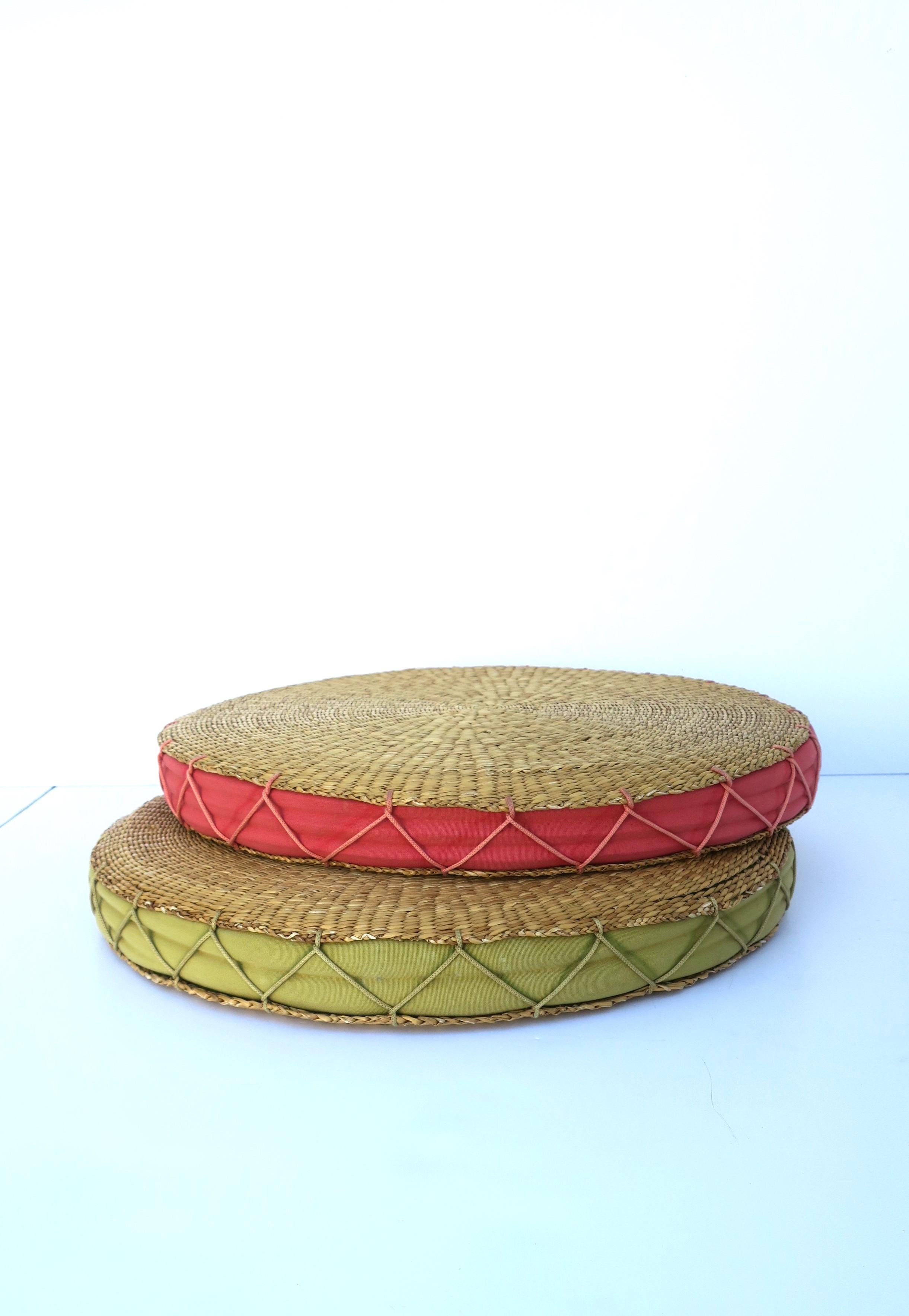 Cotton Wicker Seat or Floor Cushion, Watermelon Pink and Tan For Sale