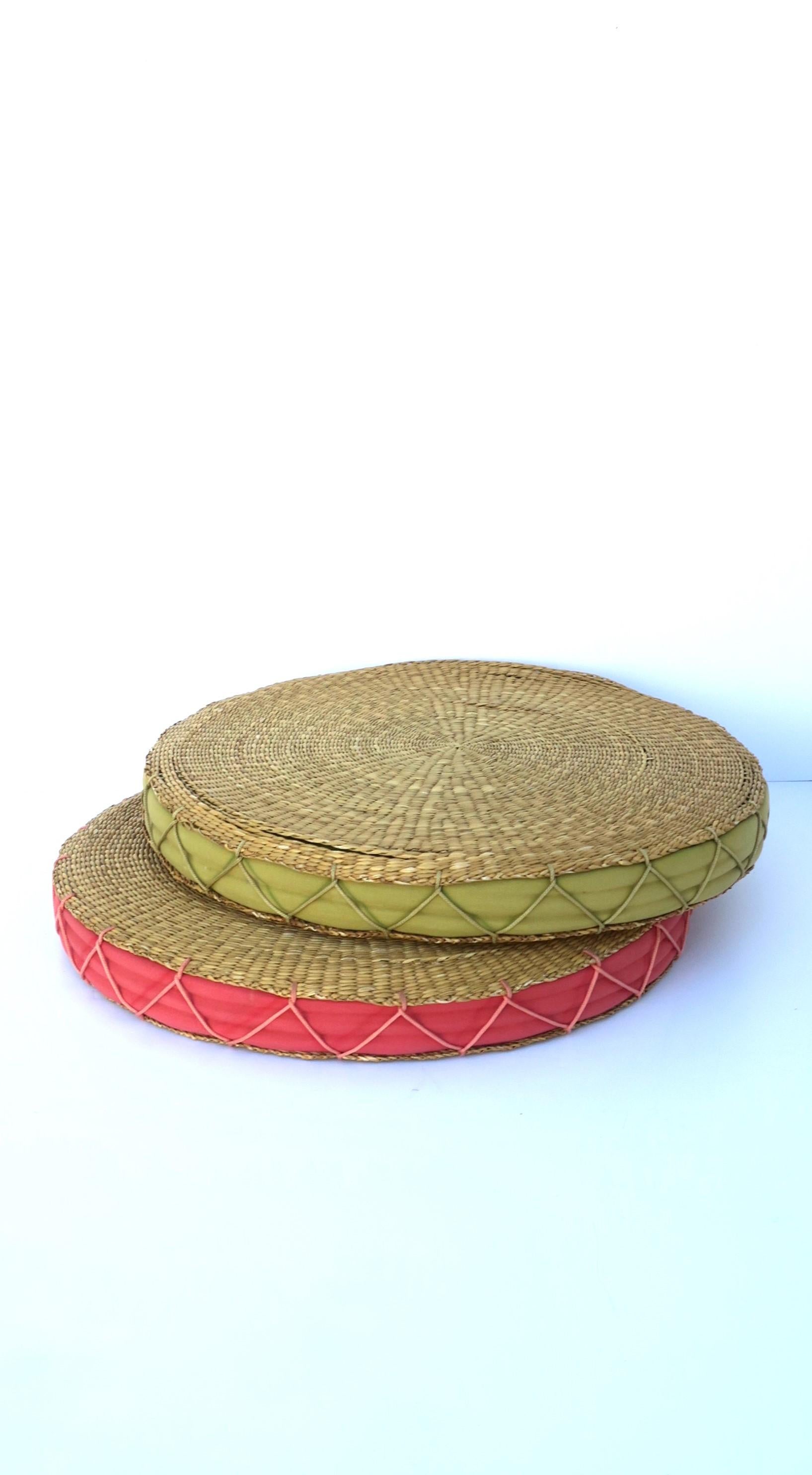 Wicker Seat or Floor Cushion, Watermelon Pink and Tan For Sale 2