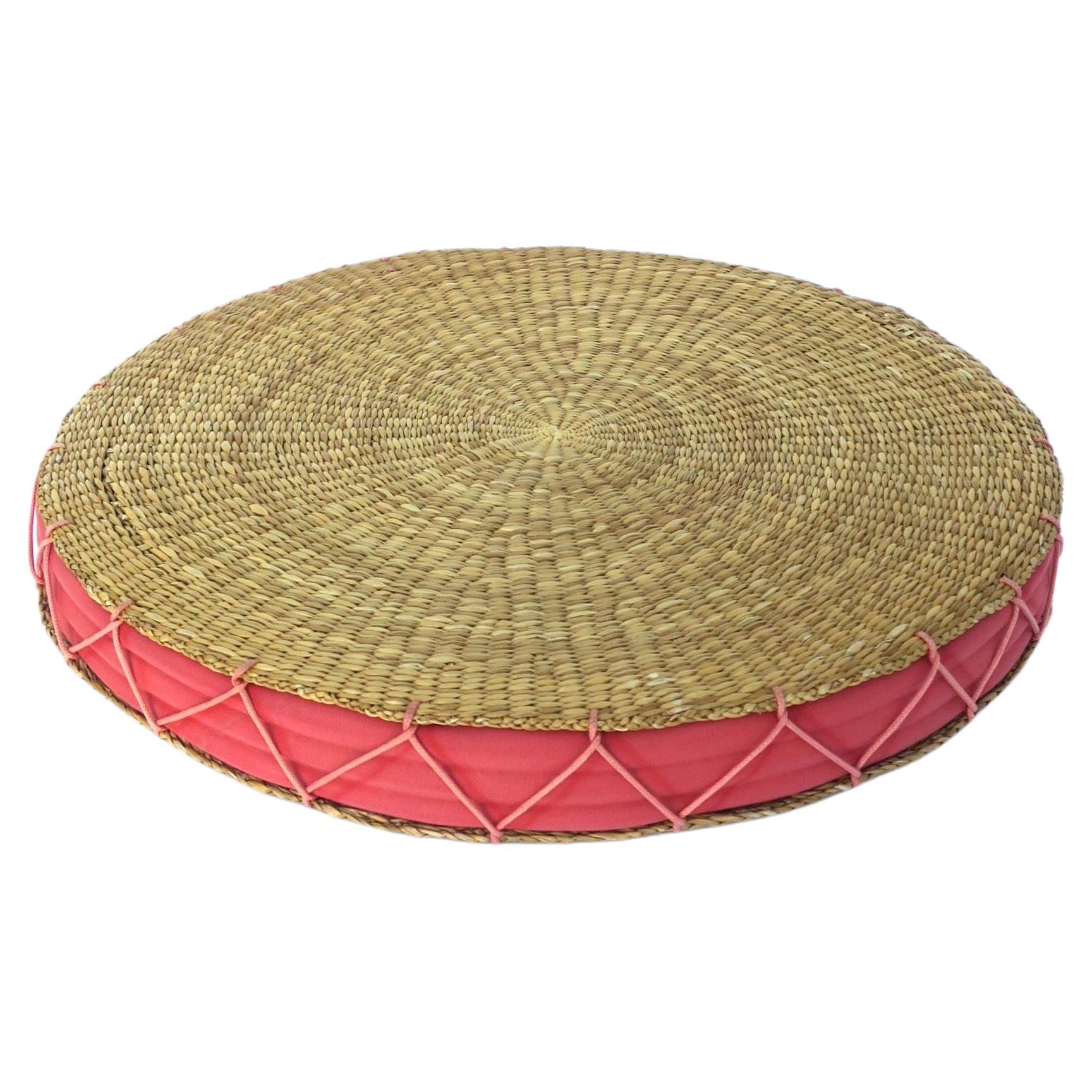 Wicker Seat or Floor Cushion, Watermelon Pink and Tan