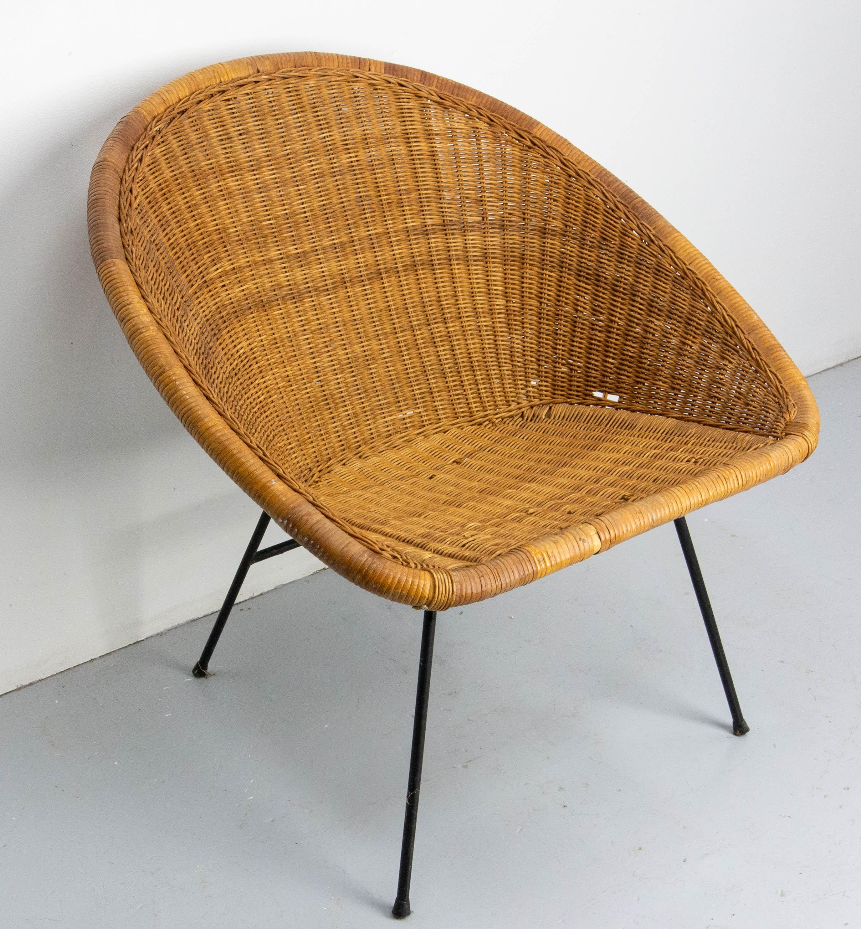 Mid-Century Modern Wicker Shell Armchair on Metal Base French, circa 1960 For Sale