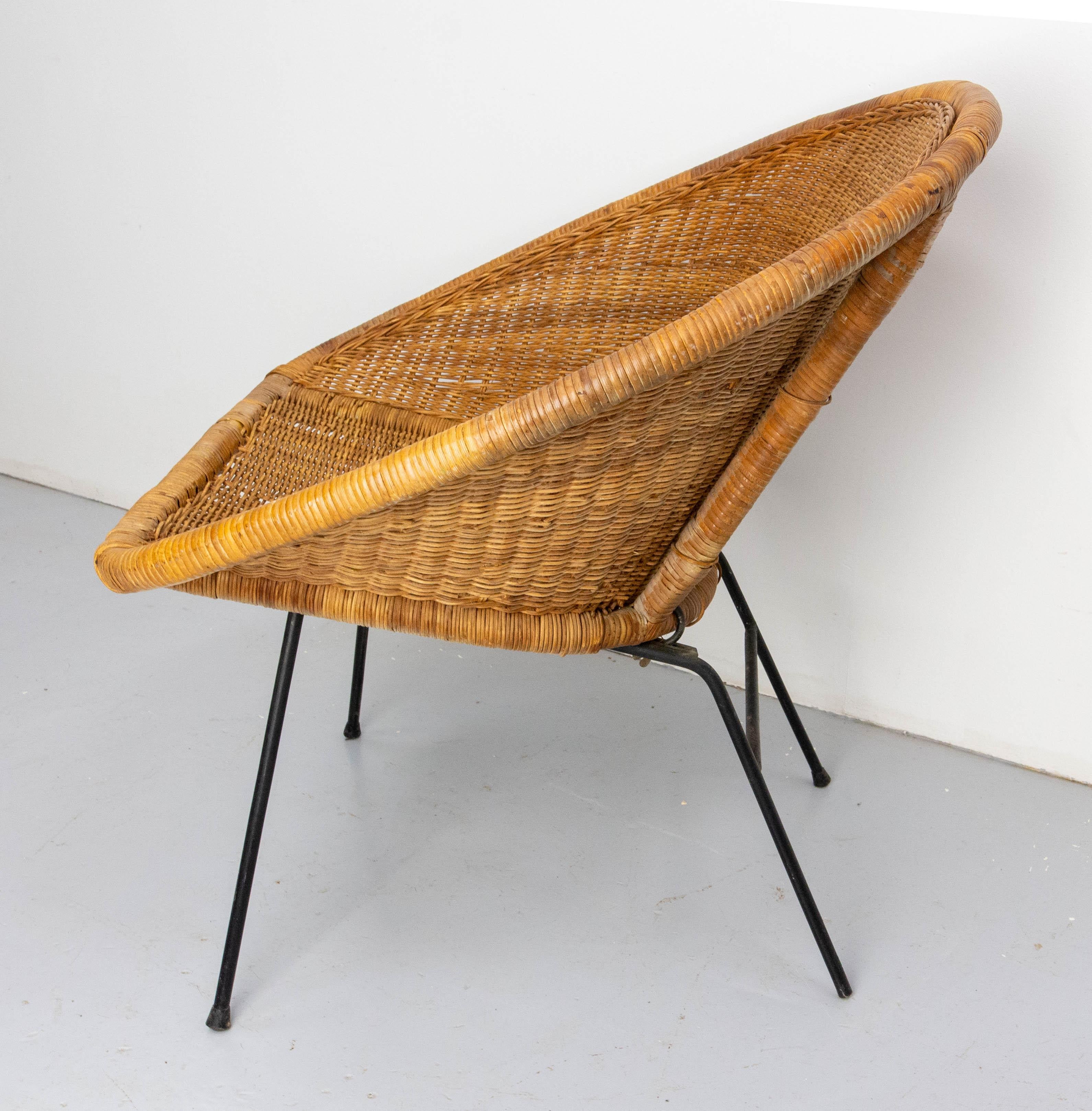 Mid-20th Century Wicker Shell Armchair on Metal Base French, circa 1960 For Sale