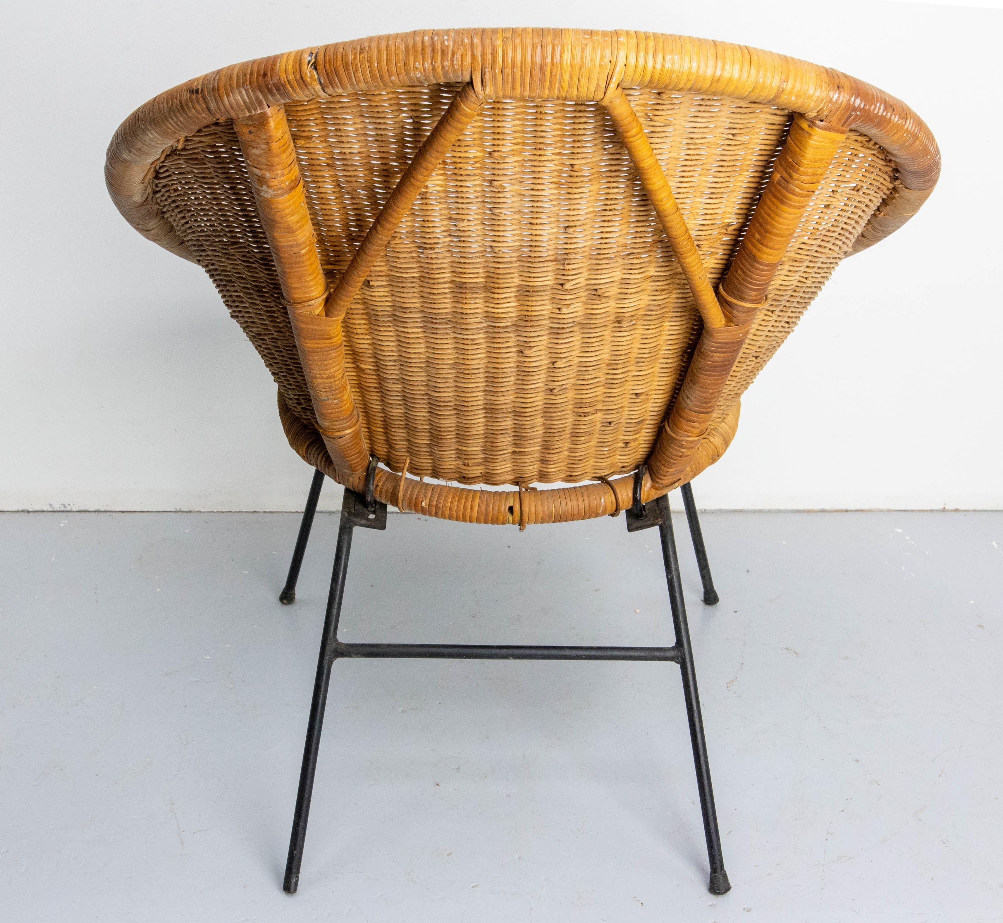 Wicker Shell Armchair on Metal Base French, circa 1960 For Sale 3