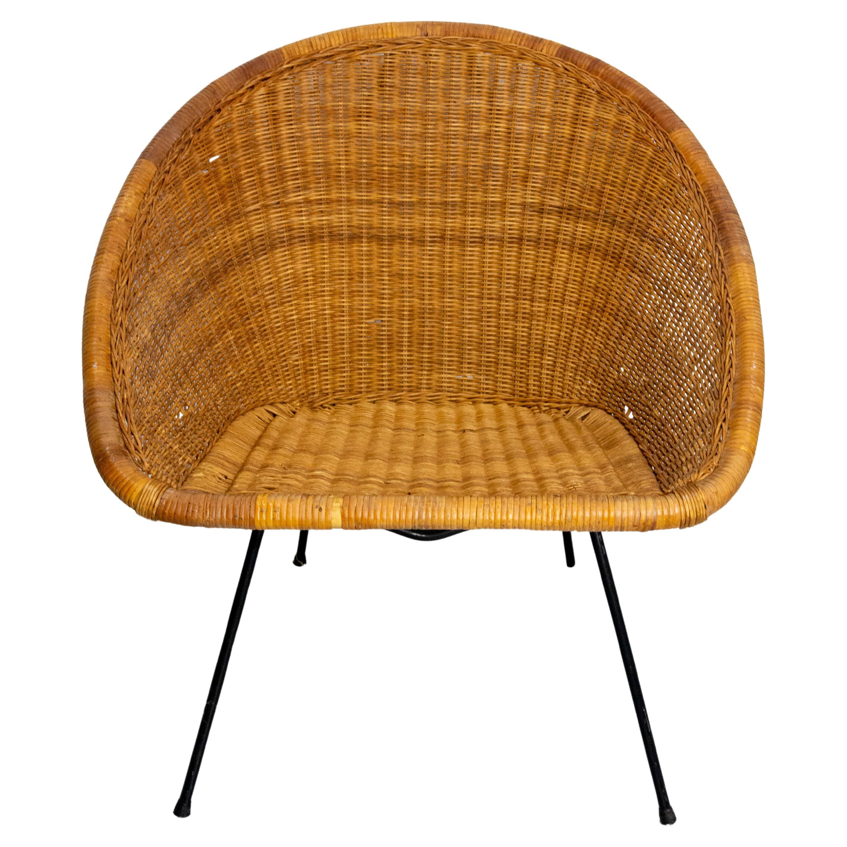 Wicker Shell Armchair on Metal Base French, circa 1960 For Sale